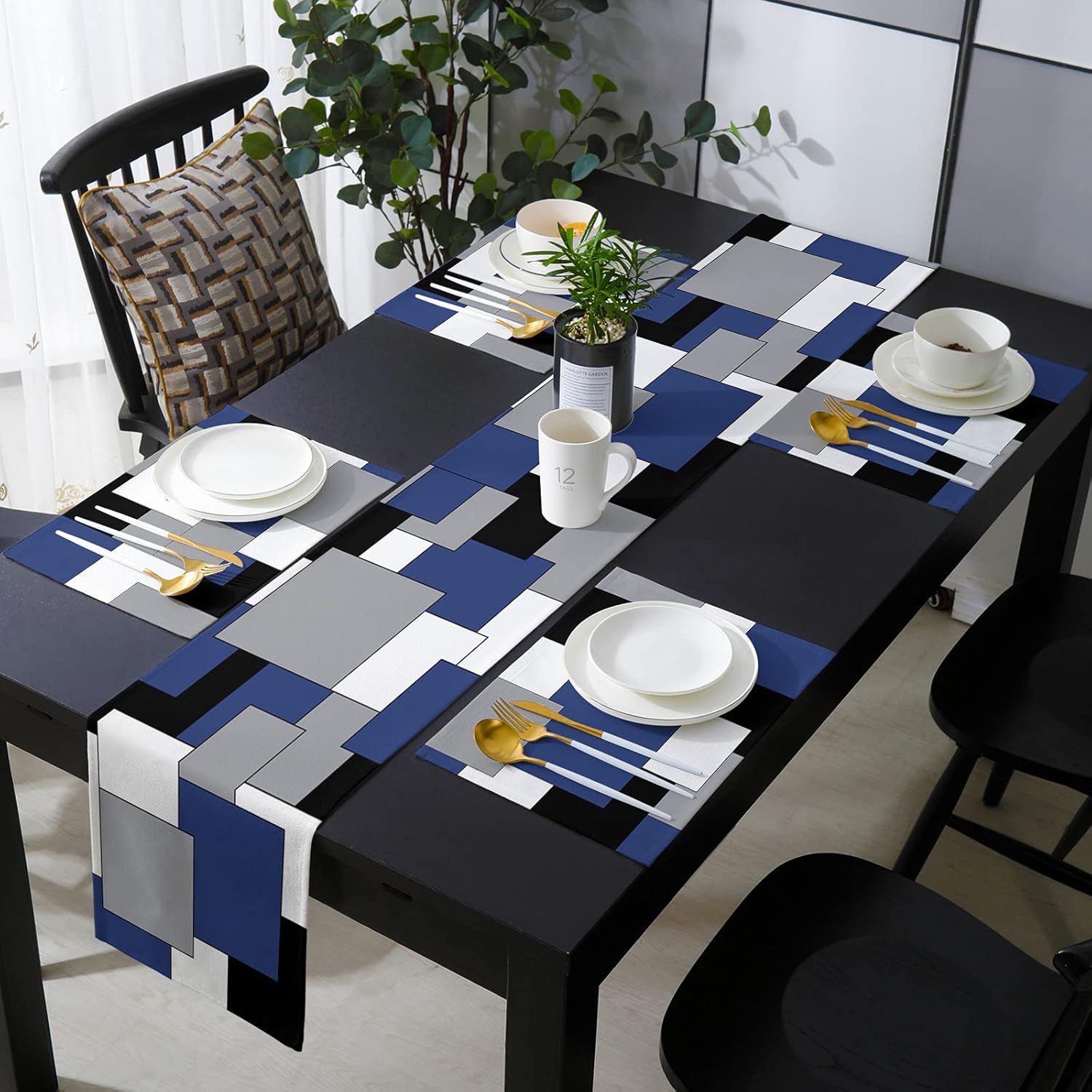 Navy Blue Black Gray White Checkered Table Runners Burlap Runner Dresser Scarves with Set of 2 Placemat Non-Slip Kitchen Dining Tables Mats Abstract Art Color Blocks