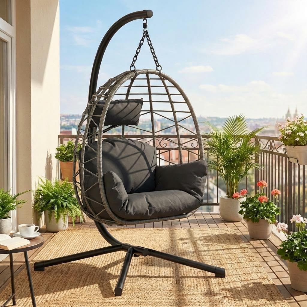 Silla Colgante Plegable Con Soporte, Sillón Colgante Tipo Huevo Con Cojines Impermeables y Reposacabezas Ajustable, Estructura De Acero Resistente Hasta 150 kg, Para Jardín, Balcón, Terraza e Interior