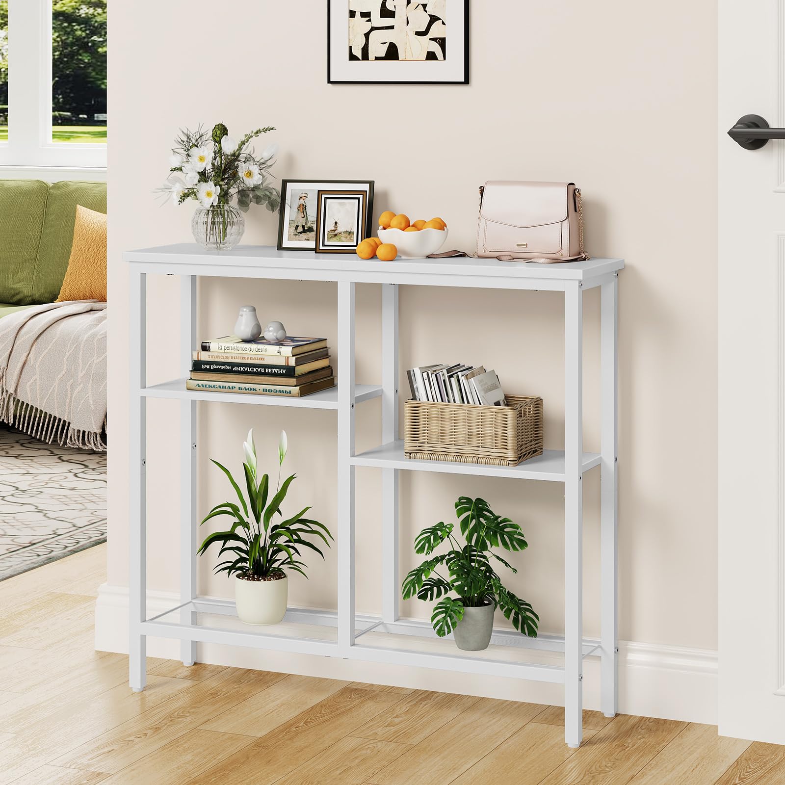 HOOBRO Tavolo Consolle Ingresso, Tavolo da Divano, a 4 Ripiani, Stile Industriale con Ripiani di Rete Metallica, per Ingresso, Soggiorno, Corridoio, Bianco EWW79XG01
