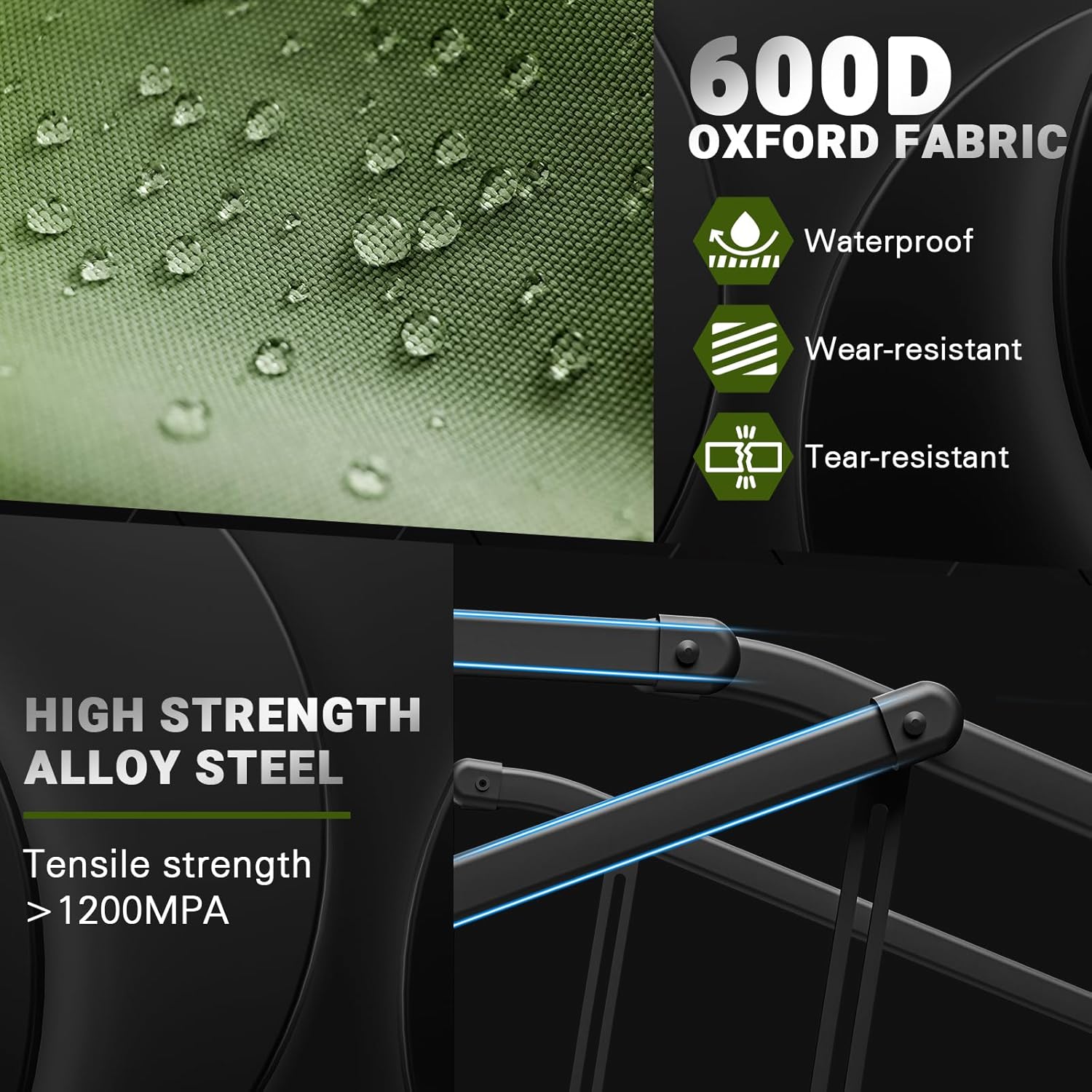 Close-up of the 600D Oxford fabric showing waterproof, wear-resistant, and tear-resistant properties, and high-strength alloy steel frame