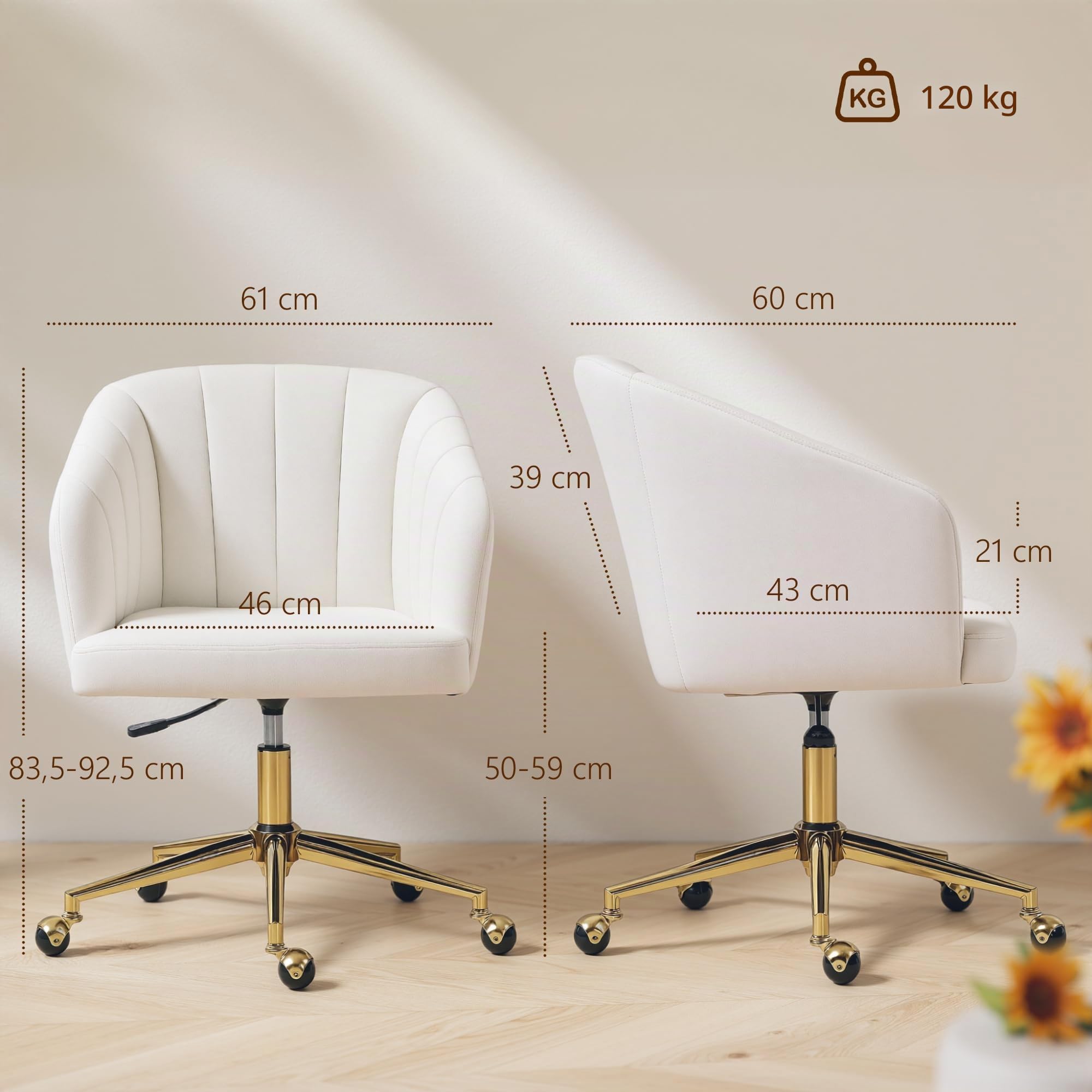 HOMCOM Silla de Oficina con Ruedas, Silla de Escritorio de Terciopel Crema | Respaldo Acolchado con Costuras, Asiento Ancho, Altura Ajustable, Espuma de Alta Resiliencia, para Casa, Oficina