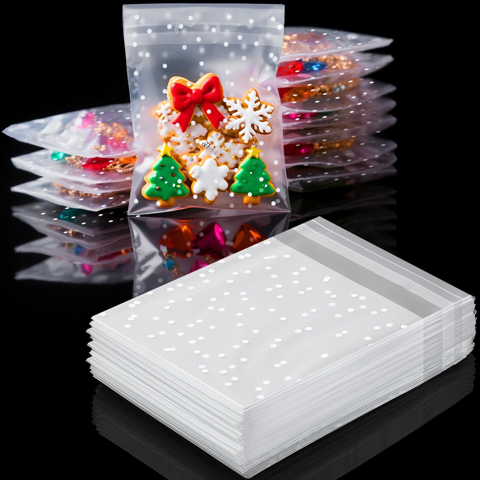 Mbsomnus 300 Pcs Cellophane Bags Self Adhesive 5.5x5.5 cm Cookie Bags Clear Plastic Packaging Sweet Bag Polka Dot Reusable for Biscuit Candy Chocolates Nuts Food Bakery Jewelry Christmas Party