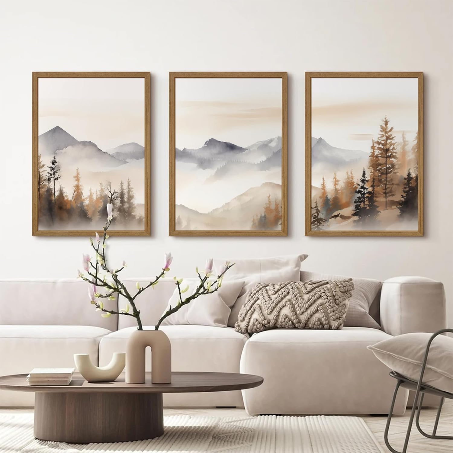 Neutral Mountain Wall Art Decor Set of 3 Forest Canvas Wall Art Poster Landscape Wall Art Artwork Modern Pictures Abstract Painting Watercolor Prints for Living Room Bedroom 16x24 Inch Framed