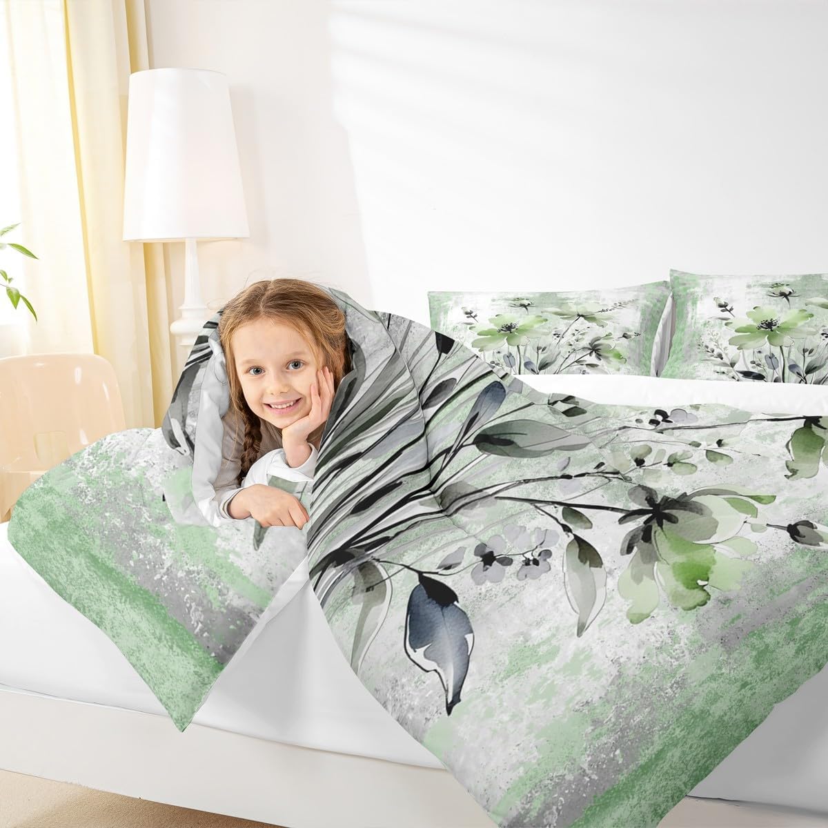 Ombre Turquoise Teal Grey White King Size Comforter Set Soft Abstract Oil Painting Bedding - Rustic Farmhouse Comforter For Girls Adult Watercolor Floral Quilt Duvet Country Wooden Theme Room Decor