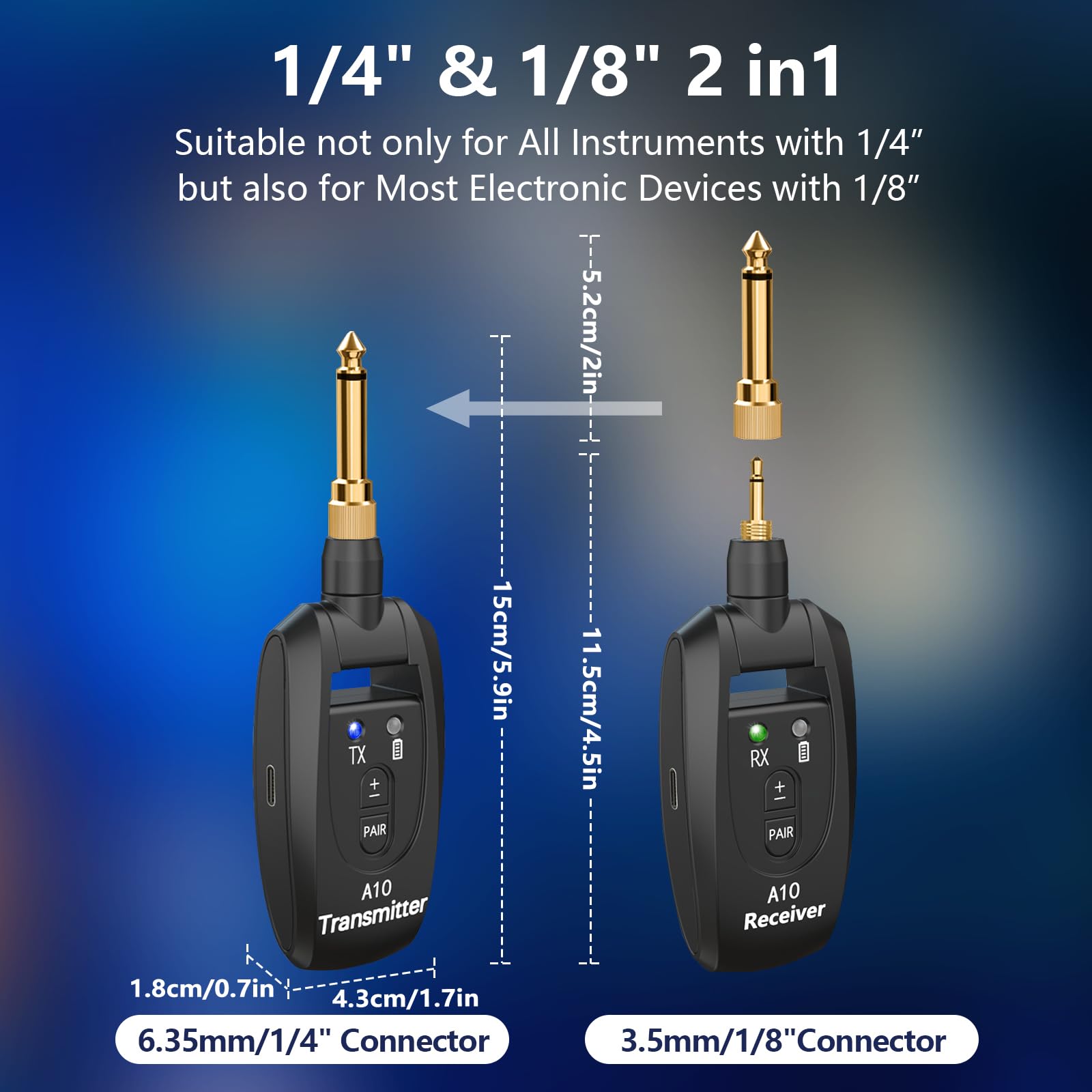 A10 Sistema Wireless per Chitarra UHF, 2 Modalità, Batteria Li Ricaricabile, 30m di Portata, Plug & Play per Chitarra, Basso, Violino, Tastiera - Nero