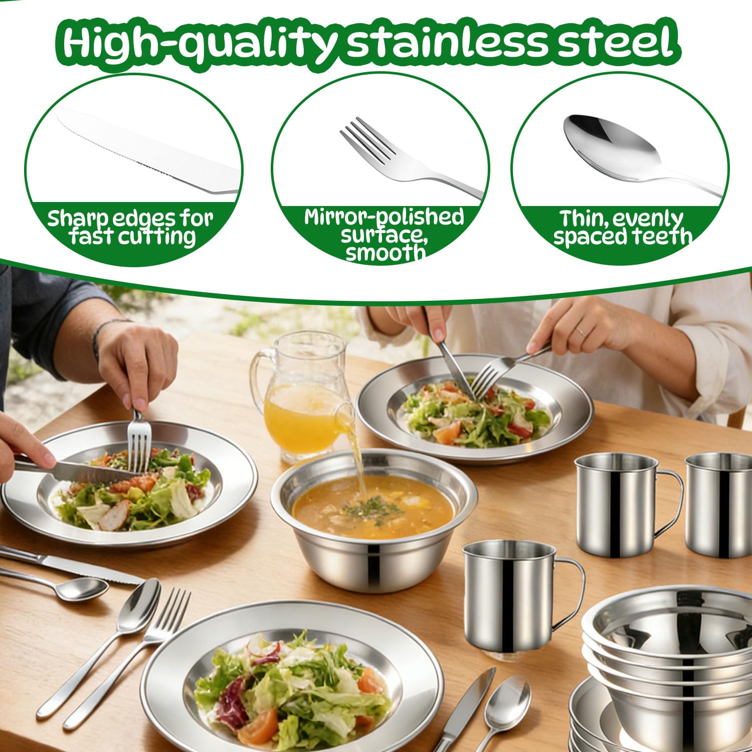 Couvert Camping pour 4 Personnes,29 pièces Couverts Camping Acier Inoxydable Assiette Tasse Couteau Fourchette Cuillère Sac Rangement,pour Famille et Amis Randonnée Pique-Nique Voyage