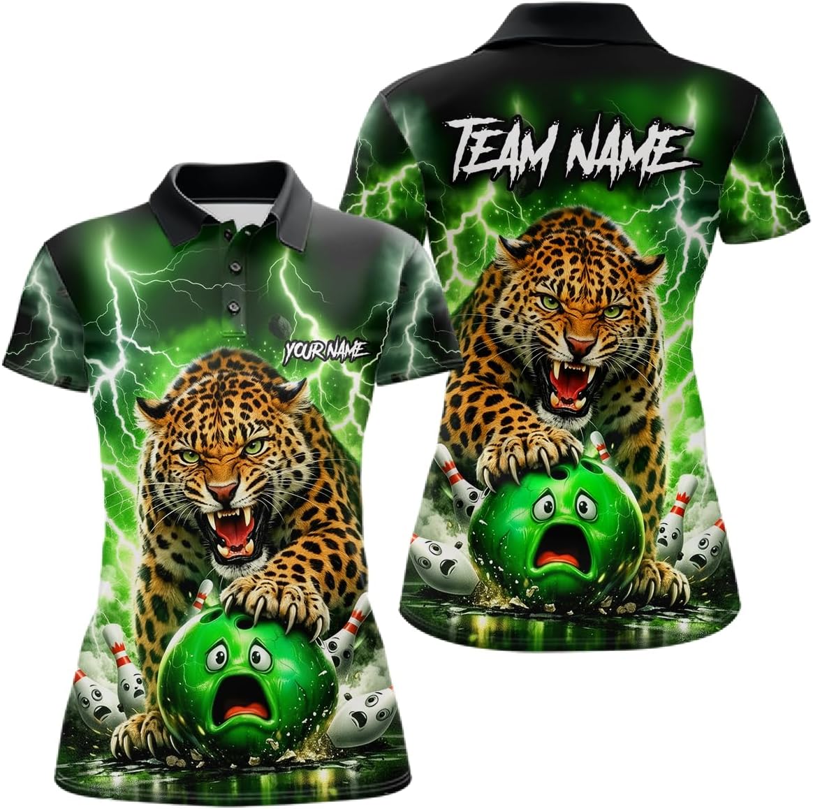 Green Leopard Bowling Shirts for Team Men Women Leopard Bowling Jersey for Men Women Bowling Polo and 1/4 Zip League