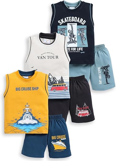 MI Kidz Pure Cotton Sleeveless T-Shirt and Half Pant Set for Boys Kids| Kids boys tshirt and half pant set| Coordinated Se...