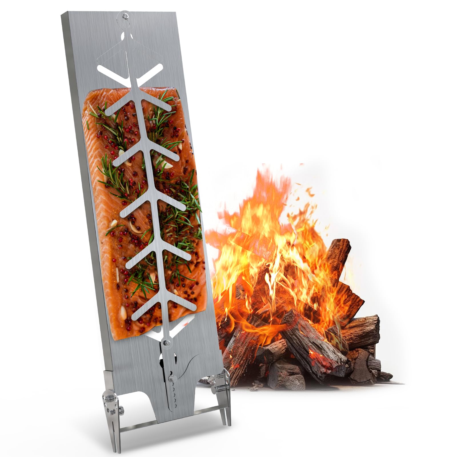 Flammlachsbrett Edelstahl|Extra breit 18cm Flammlachshalter passend für feuerschale und Grills mit Wandstärke bis Weniger als 8mm, Perfekte Alternative zum Flammlachsbrett