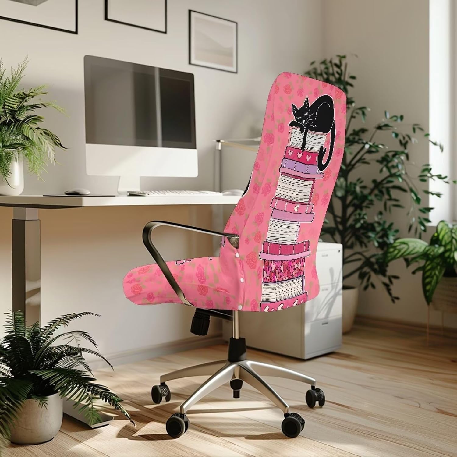 Black Cat Office Chair Covers Removable Computer Chair Slipcover Universal Office Chair Seat Cushion Covers Rotating Desk Chair Slipcover Stretch Boss Chair Seat Cover,S