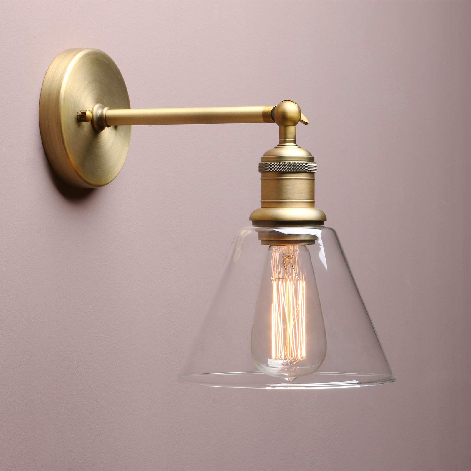 Yosoan Indoor Wall Sconce Fixture Light, 1-Light Modern Single Antique Brass Vintage Industrial Hardwired with Funnel Flared Clear Glass Shade Lamp for Bathroom Sink Porch Kitchen Living Room(Antique)