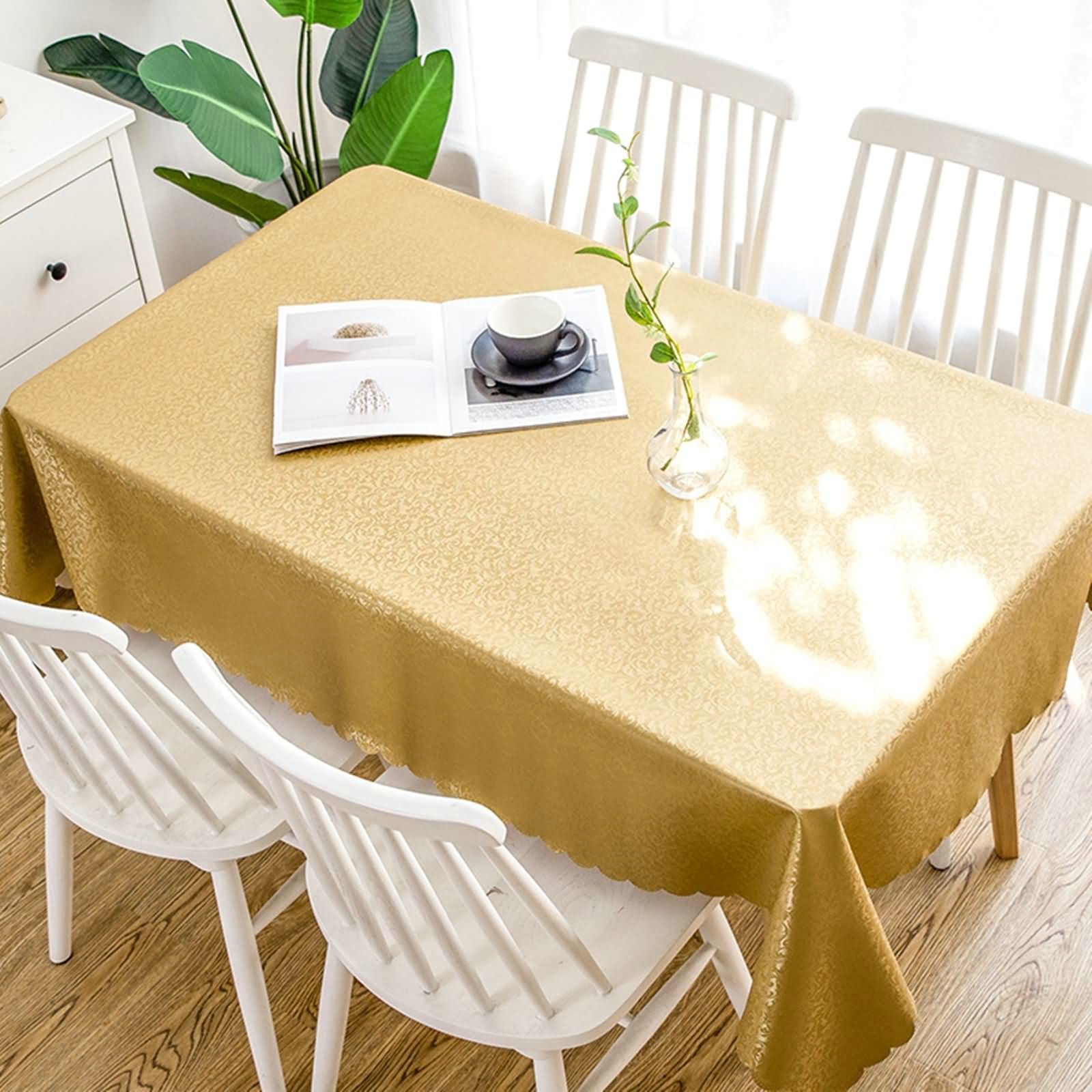 Tischdecke Rund 160, Tischdecke Fleckschutz PVC Blattmuster Tischdecke für Küche,Esszimmer,Tischdekoration, Gold Gelb