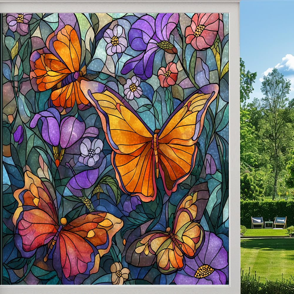 Beautiful Butterfly Stained Glass Window Film, Colorful Floral Scene Peel and Stick Privacy Film, Frosted Adhesive Vinyl Decorative for Bathroom Windows Glass Doors, （50x90cm）