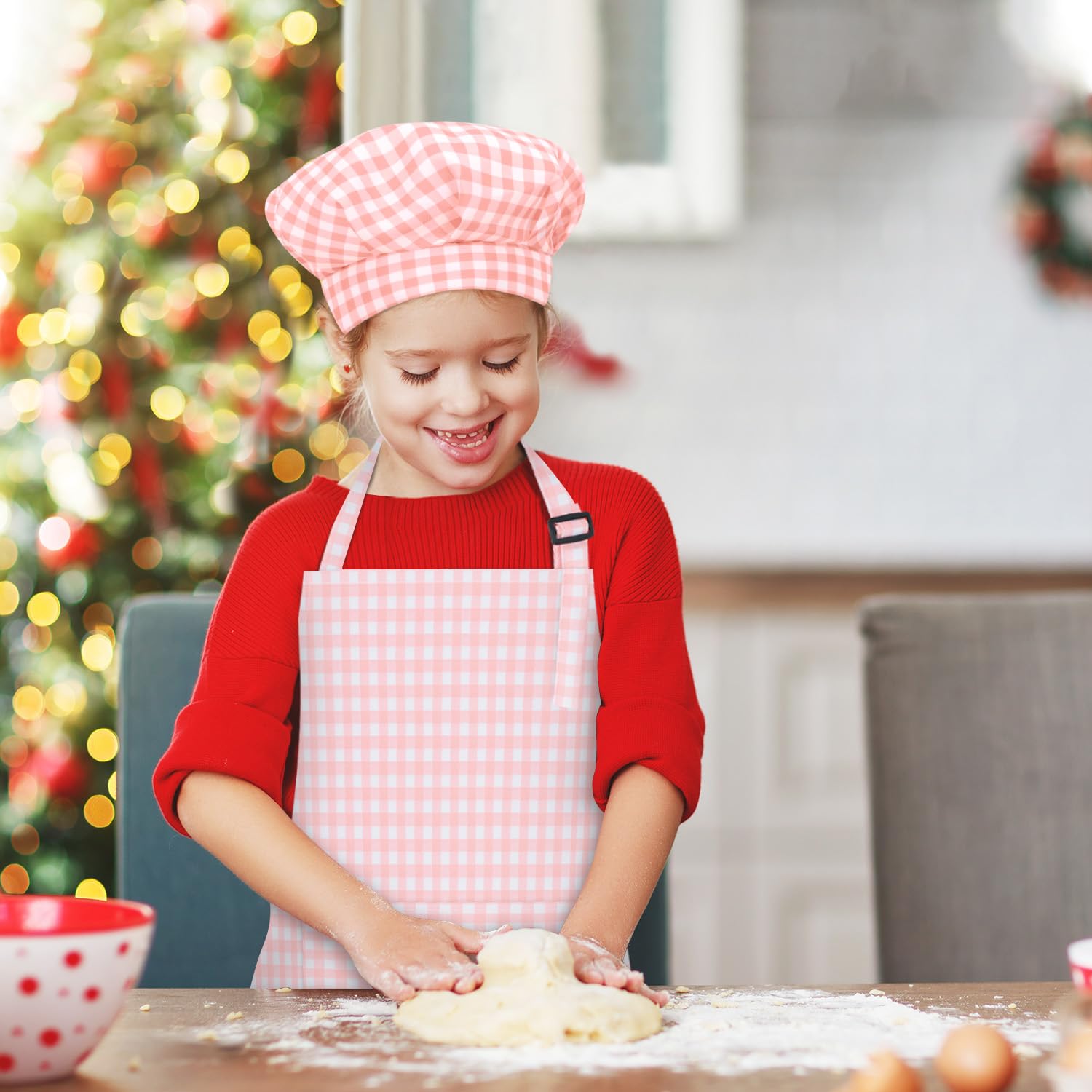 TOPWAYS Grid Kids Apron and Chef Hat Set, Adjustable Check Child Chef Aprons with 2 Pockets - Image 2