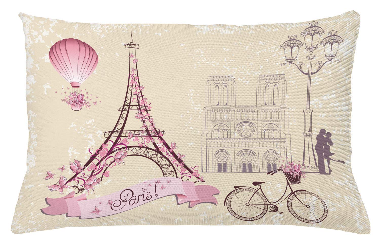 Ambesonne Kiss Throw Pillow Cushion Cover, Floral Pariss Landmarks Eiffel Tower Hot Air Balloon Bicycle Romantic Couple, Decorative Rectangle Accent Pillow Case, 26" X 16", Ivory Pink