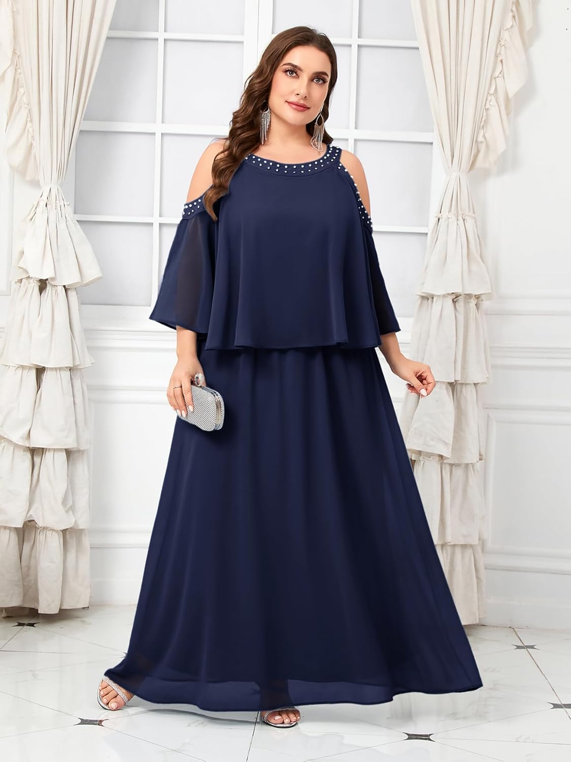 Plus Size Chiffon Formal Maxi Dress Cold Shoulder Beaded Neckline Evening Gown with Tiered Overlay Wedding Guest
