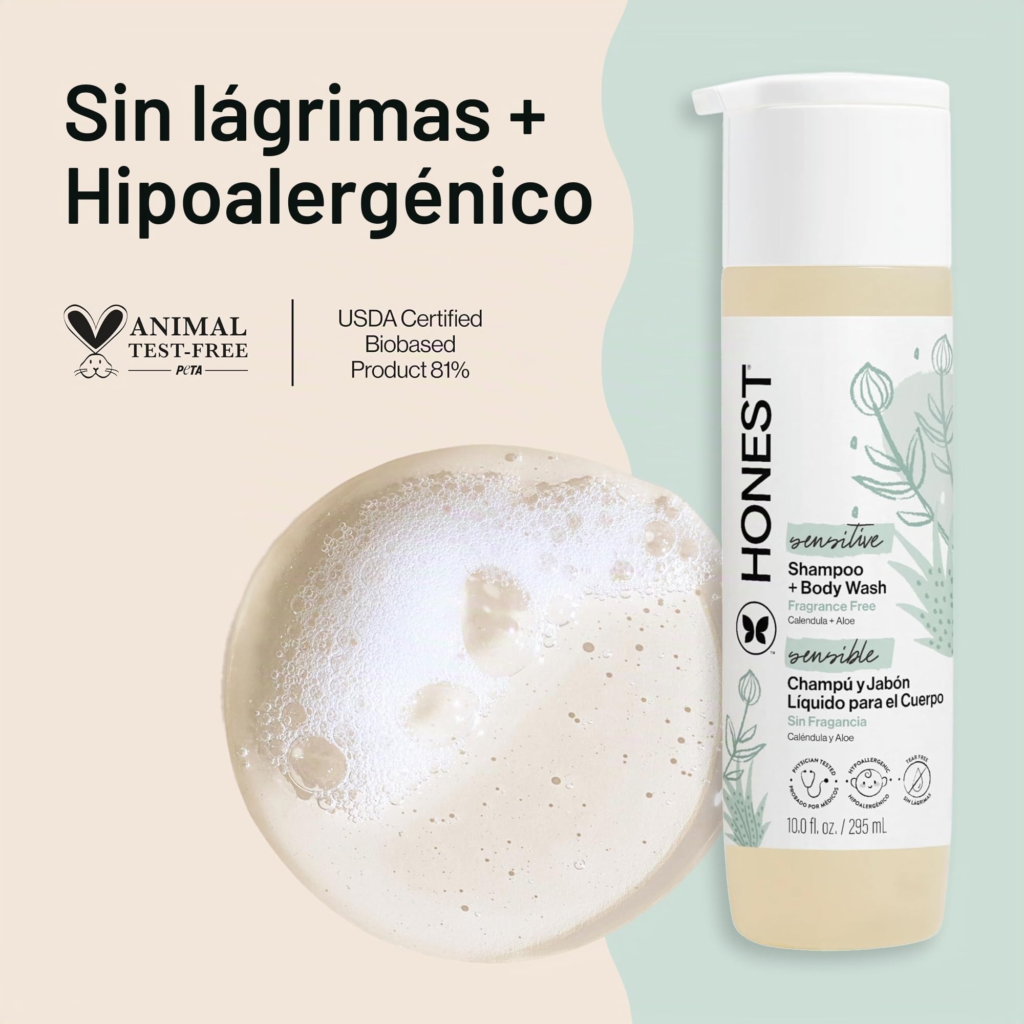 The Honest Company Champú limpiador 2 en 1 + gel de baño para piel sensible | Suave para el bebé | Derivado naturalmente, sin desgarros, hipoalergénico | Sin fragancia, 10 onzas líquidas