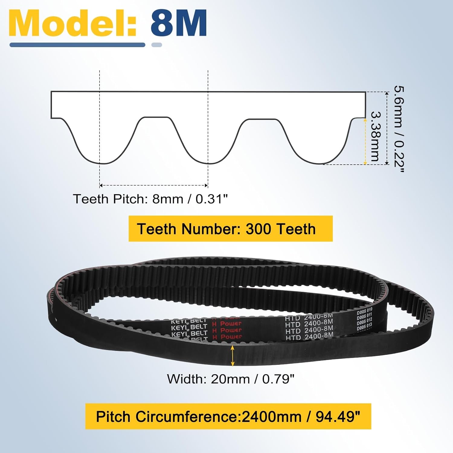 uxcell 2400-8M-20 Timing Belt, 2400mm Pitch Circumference x 20mm Width x 6mm Height, 8mm Pitch, 300 Teeth, Black Rubber Synchronous Belt