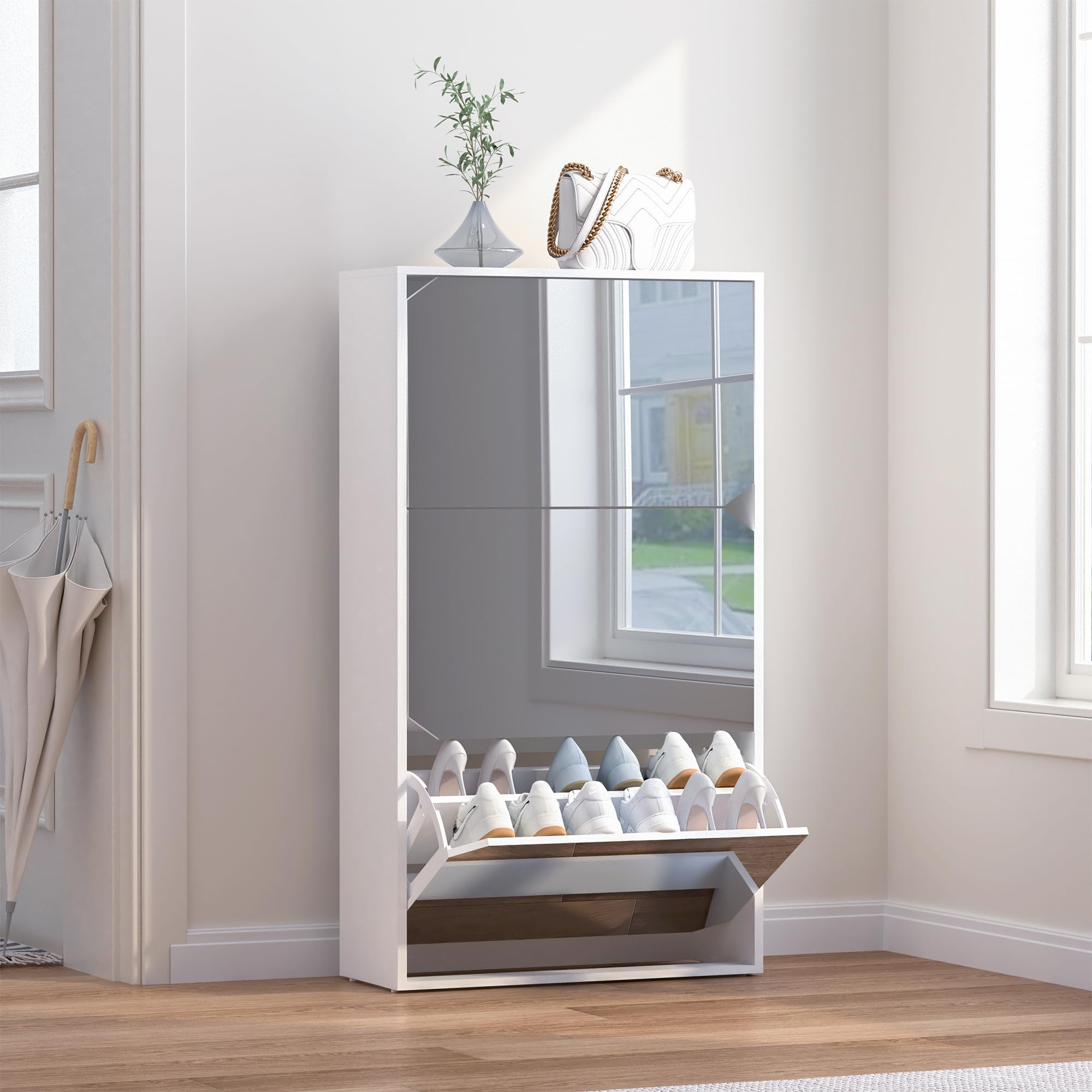 Mirror Shoe Cabinet with 3 Flip Drawers & Mirror Wooden Shoe Rack Storage Organizer Large Capacity Hidden for Entryway Foyer, Apartments, and Hallways (White)