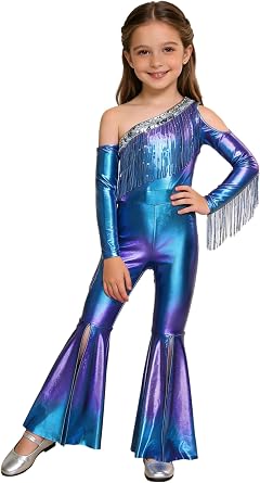 YiZYiF Kids Girls Metallic Flared Pants Jumpsuit One Shoulder Hippie Dance Outfits Stage Performance Costume