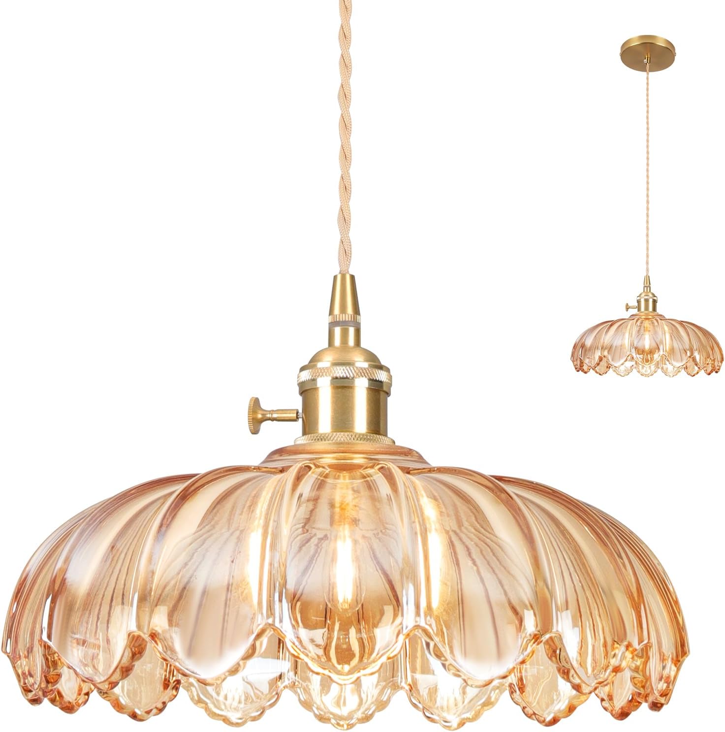Glass Pendant Light Vintage Light Fixtures,Amber Modern Chandelier Pendant,E26 9.8inch Adjustable Hanging Light Flower Pendant Lights Kitchen Island for Bedroom Hotel Dining Room 1 Light