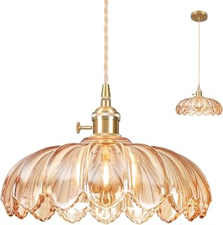 Pendant Lights Kitchen Island,Amber Glass Vintage Light Fixtures,9.8inch E26 Adjustable Hanging Light Flower Finish Ceiling Hanging Lamp for Bedroom Living Room Hallway 1 Light