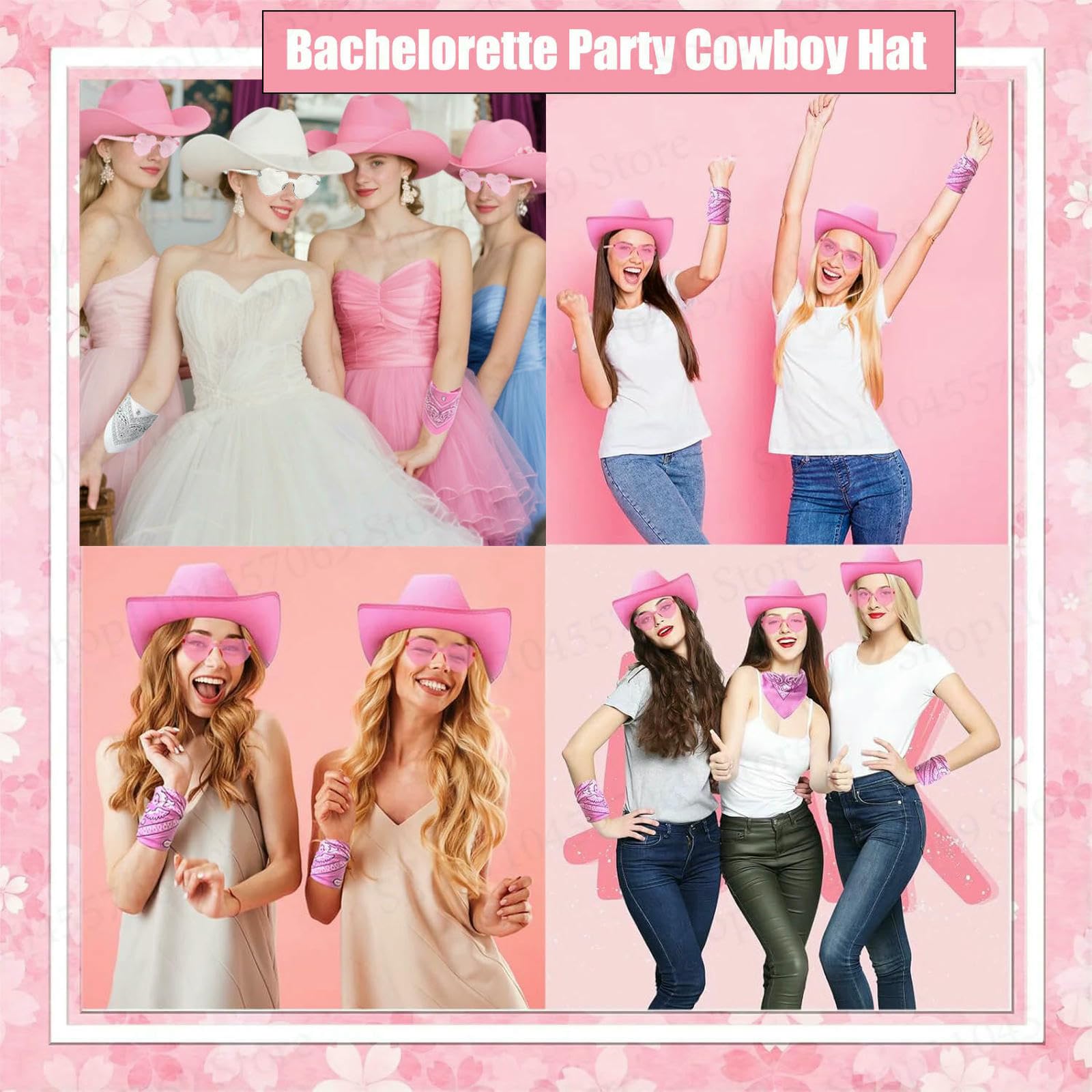 Gorro Pescador Negro Cowboy Hat Heart Gafas De Sol Paisley Bandana Set, Mujeres Soltero Kit Disfraz Fiesta, Estilo Occidental-Pink Set-24pcs