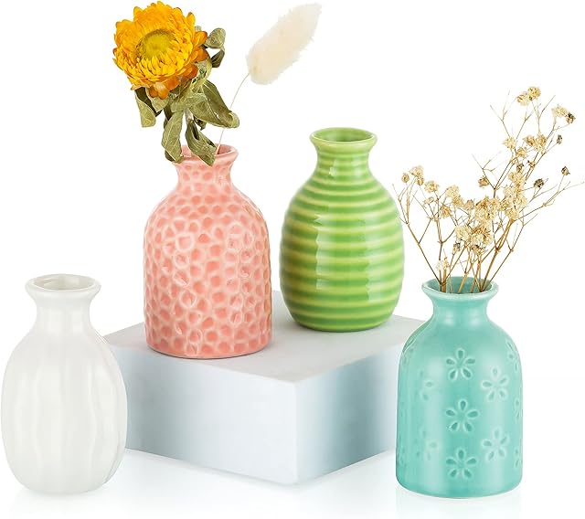 Hewory Mini Ceramic Flower Vase: Modern Small Vases Set of 4 Bud Vase for Flowers for Home Living Room Table Decoration, Wedding Party Centrepiece,7.5cm (blue/green/white/pink)