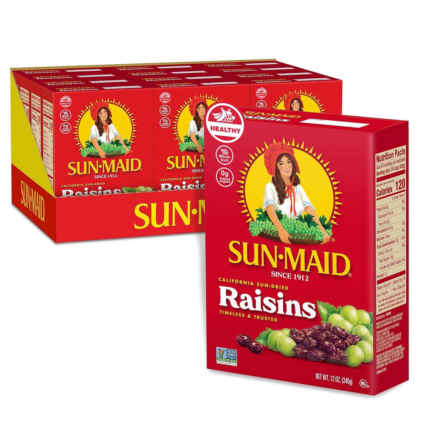 Sun-Maid • California Raisins, 12 Ounce Box (Pack Of 12), Dried Fruit, No Sugar Added, Naturally Gluten Free, Non-GMO, Vegan And Vegetarian Friendly