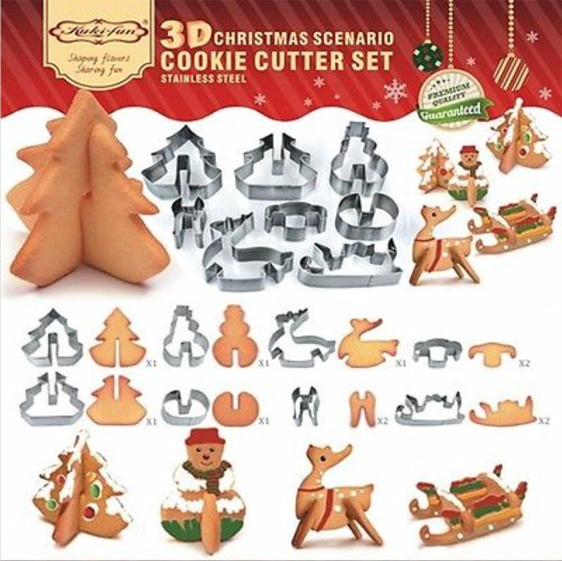 MOJA 3D CHRISTMAS Scenario Cookie Cutter Set (Stainless Steel), Snowman, Christmas Tree, Deer And Sled