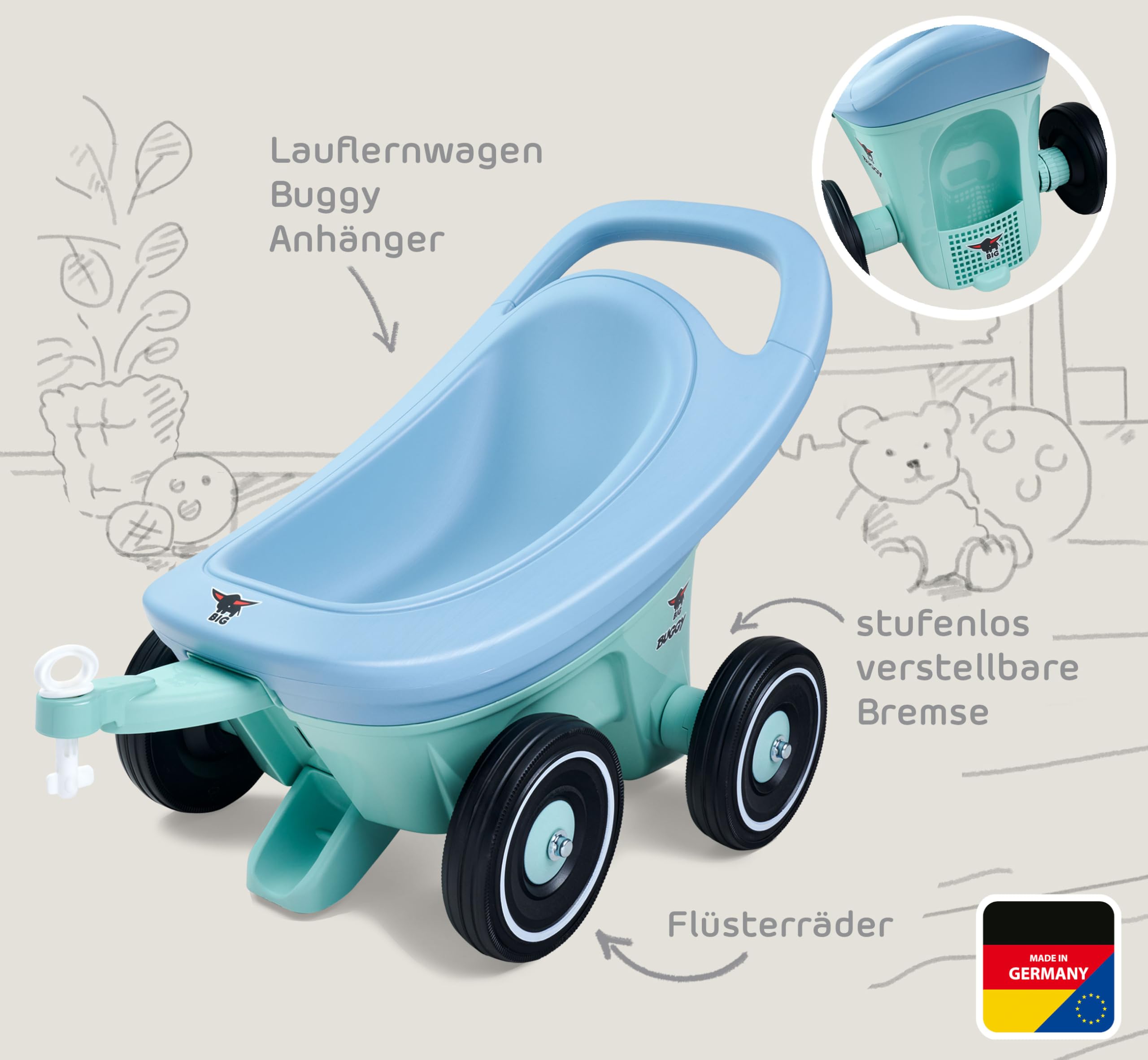 BIG Buggy 3-in-1 Lauflernwagen mit verstellbarer Bremsfunktion, Anhänger, inklusive 4 Flüsterräder, blau-türkiser BIG Buggy, für Kinder ab 1 Jahr