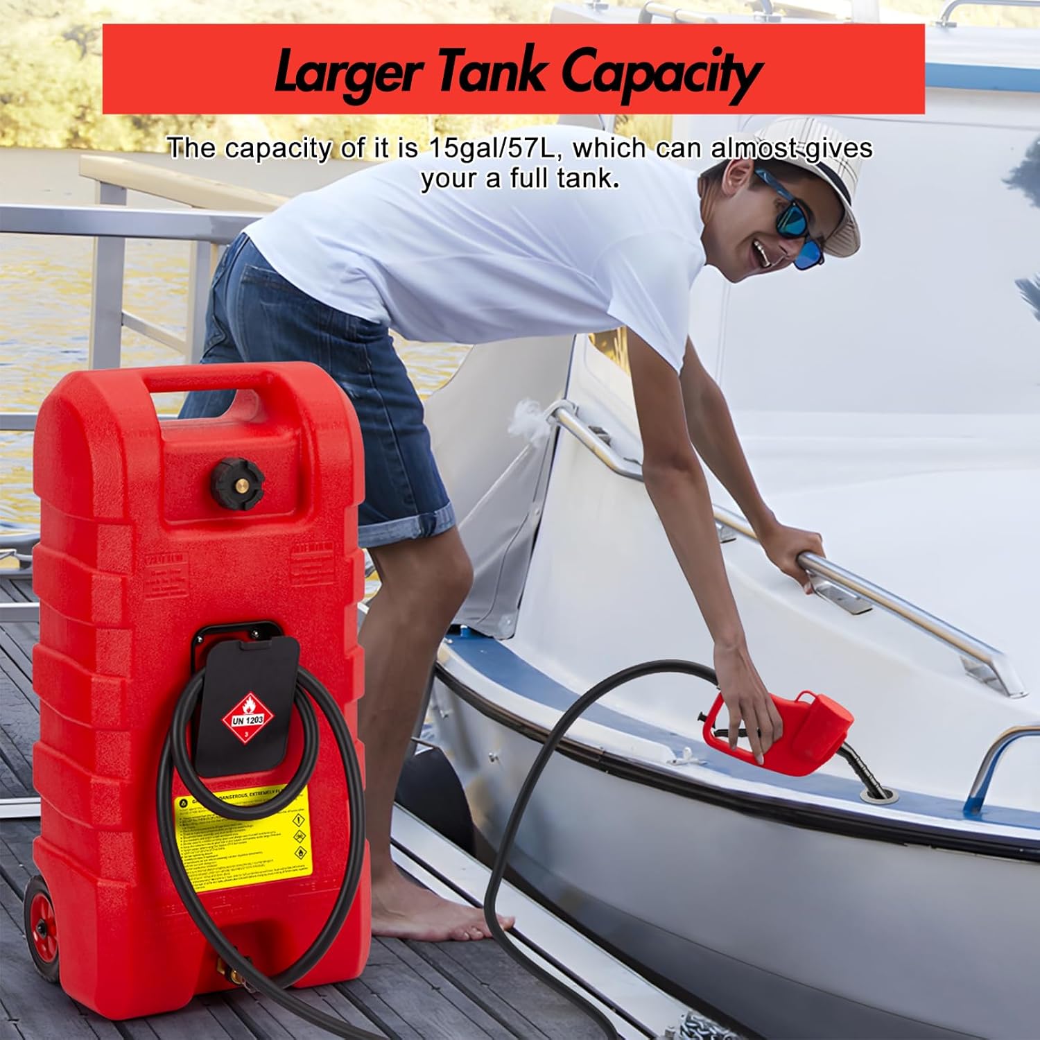 Fuel Caddy 15 Gallon with Manual Transfer Pump & 10 ft Hose, Fuel Transfer Tank, Leak-Proof Heavy Duty Gas Caddy for Cars, Boats, Lawn Mowers