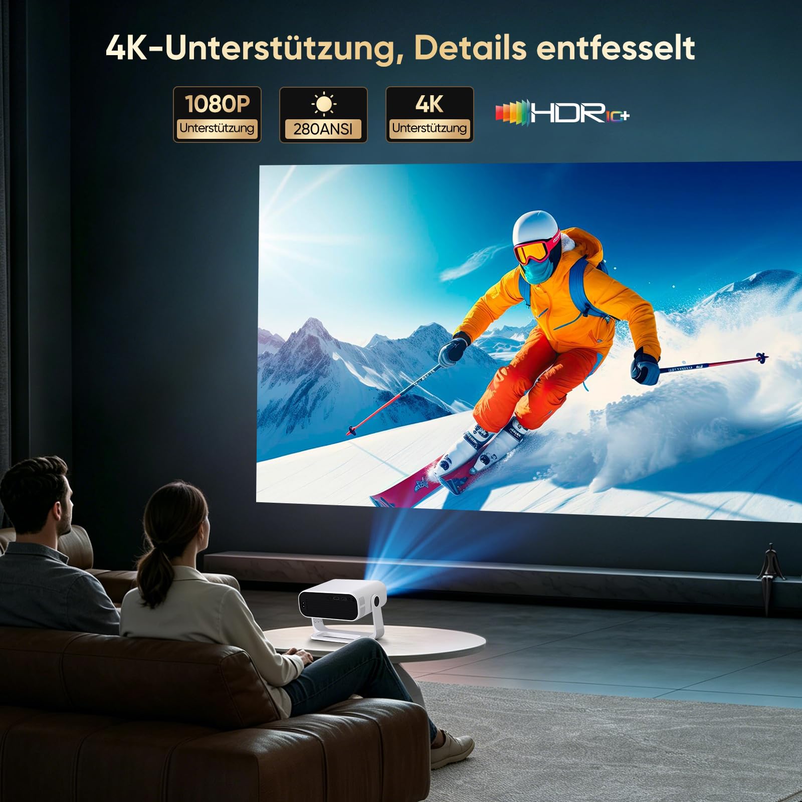 2026 Neuer Smart Mini Beamer Integrierte APP, Android 14,20000Lumens, Unterstützt 4K-Dekodierung,Automatische Trapezkorrektur, WiFi6 & BT5.2 Projektor，Beamer Heimkino für Handy/HDMI/PC