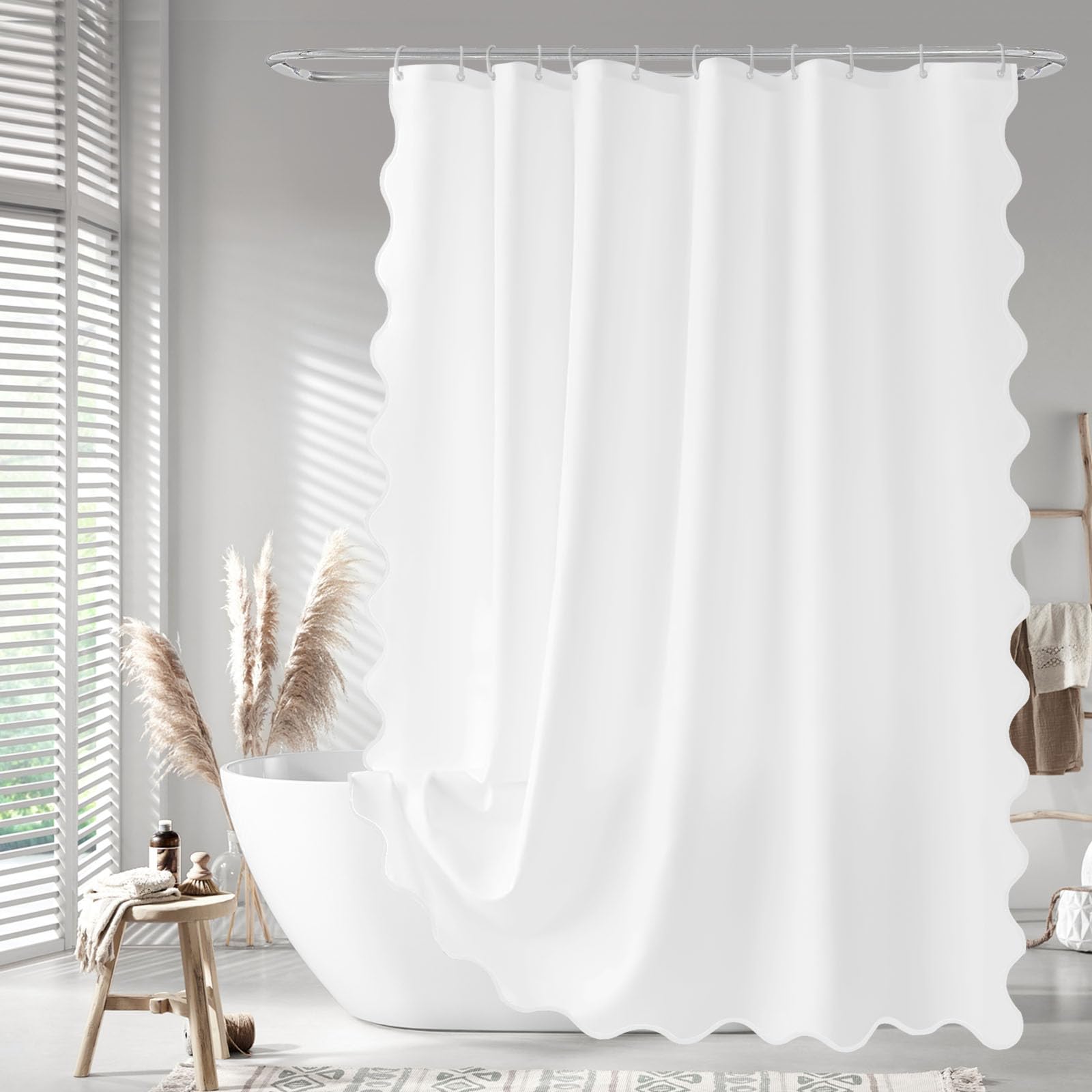 Seasonwood White Scalloped Fabric Shower Curtain 72 x 72 Inches, Aesthetic Shower Curtain Cute Pretty Shower Curtains