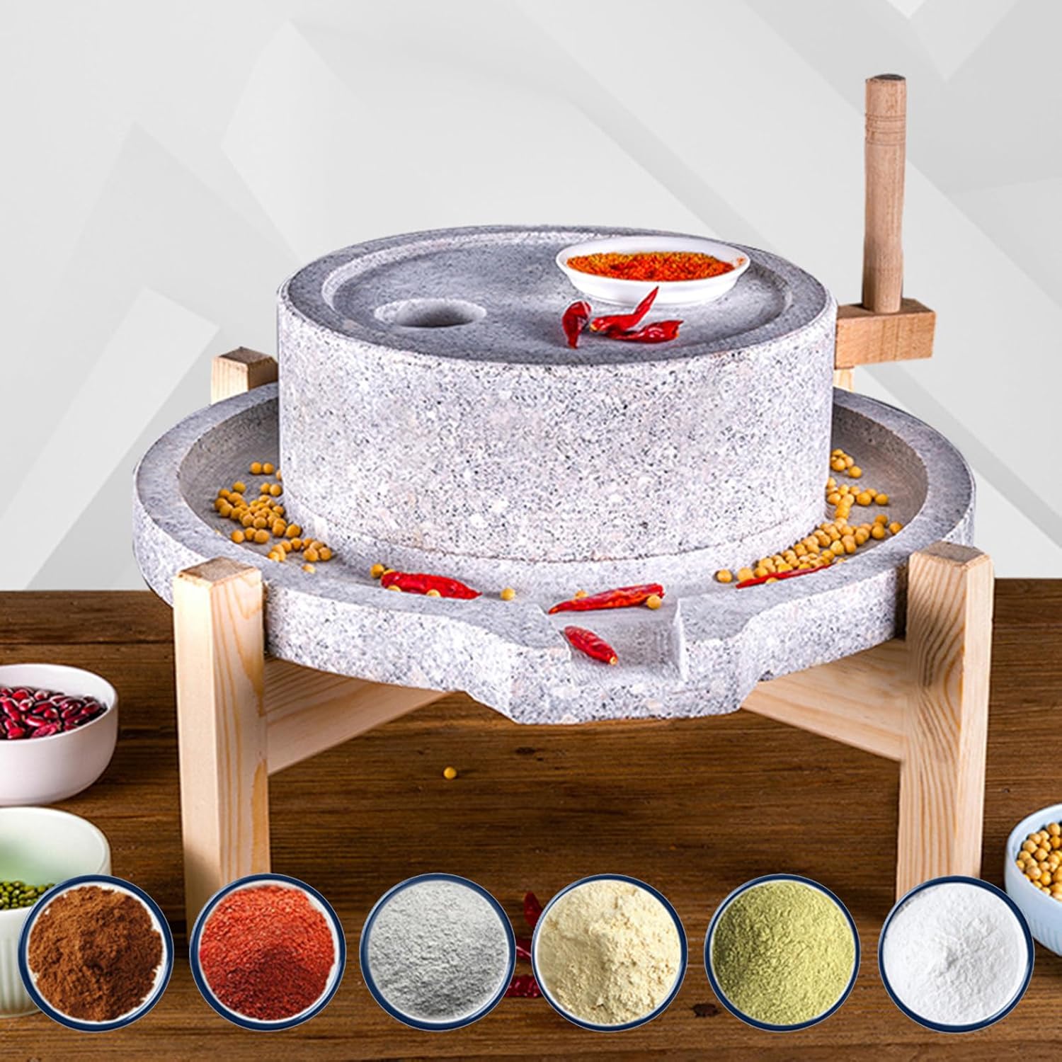 Hand Crank Stone Mill Grinder - Handmade Household Wet & Dry Cereal Powderizer for Grains, Beans, Sesame, Peppers & SES - Easy Clean Wooden e, 20x30cm