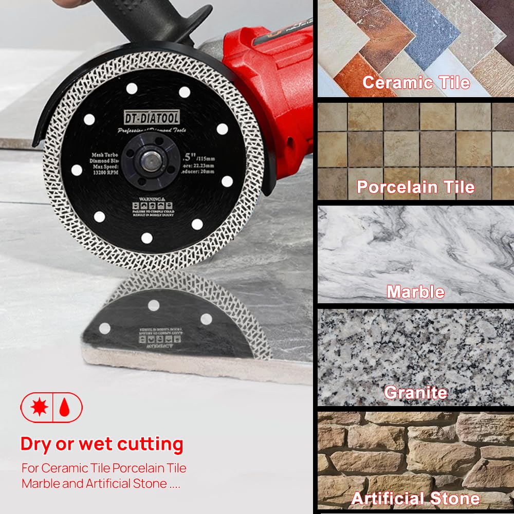 DT-DIATOOL - Disco de Corte de mármol de Granito sinterizado con Hoja de Diamante Turbo de Malla prensado en Caliente, de cerámica, diámetro de Corte de Diamante de 10,16 cm, 11,43 cm, 12,7 cm
