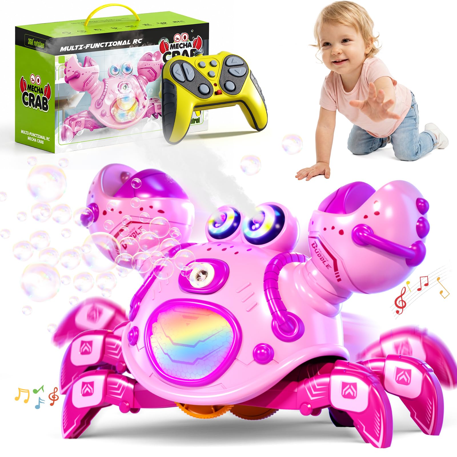 Beria Electric Bubble Machine for Kids 3-12 Year Old: Crab Bubble Machine Sound Toy Lights Up Bubble Blower Gifts for Toddler Baby Age 3 4 5 6 7 8 Birthday Presents Indoor Garden Bubble Toy Party