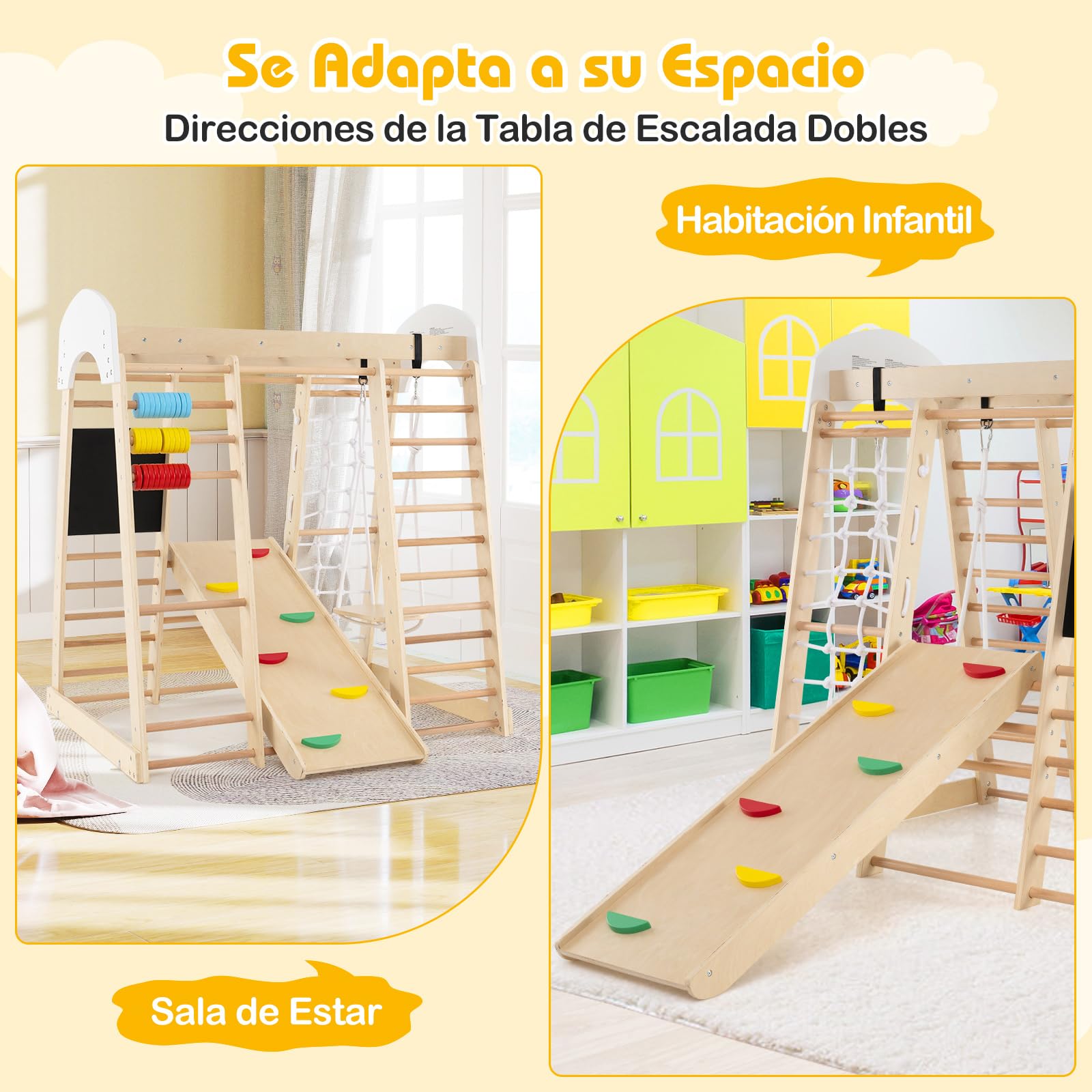 RELAX4LIFE Juego de Escalada Multifuncional 6 en 1, Parque Infantil de Madera con Tobogán, Tienda de Juego para Interior y Exterior para Niños 1-5 Años, Carga 60kg (Modelo 3 Natural)
