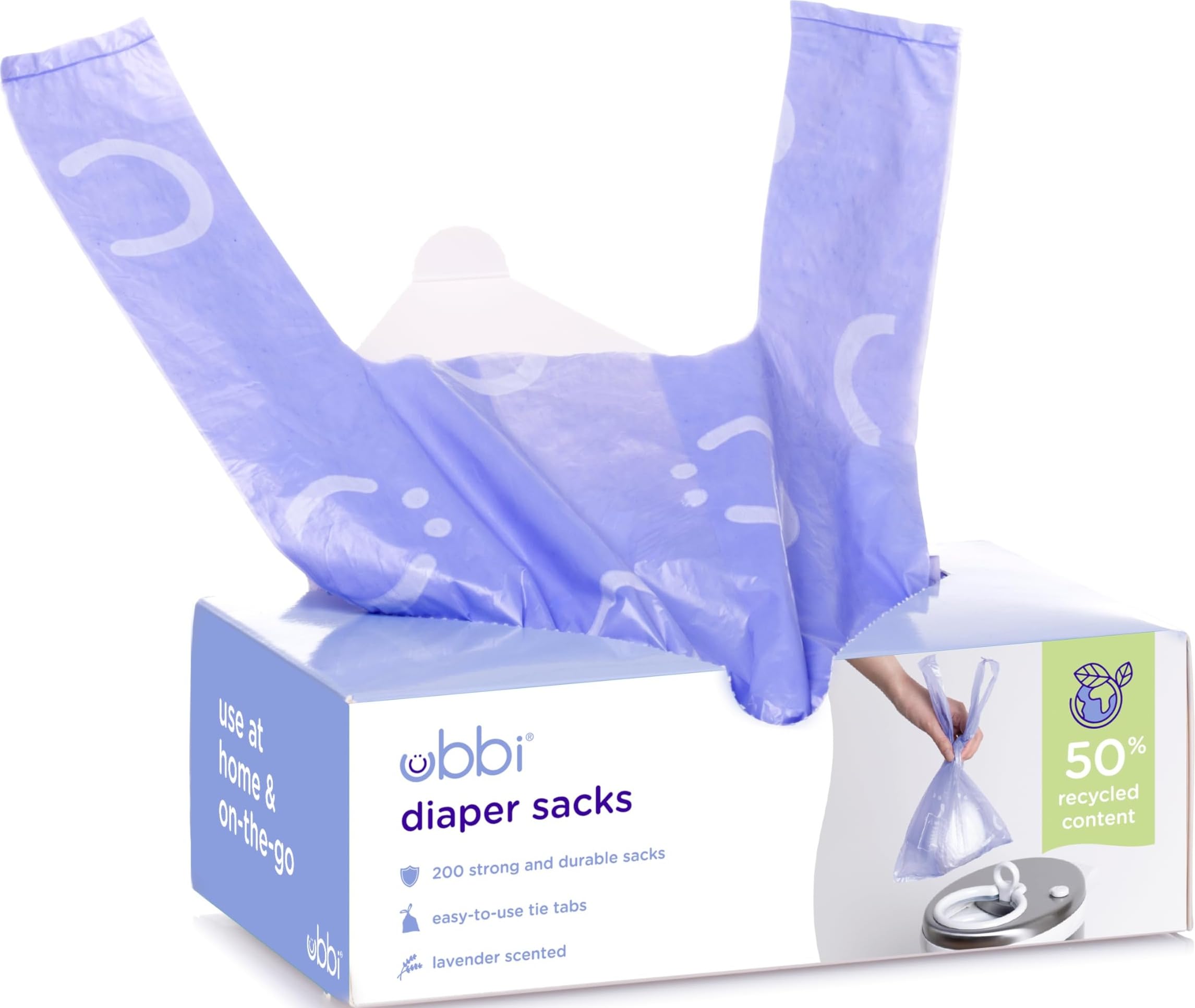 Ubbi Disposable Nappy Sacks, Lavender Scented, Easy-To-Tie Tabs, Baby Nappy Disposal, 200 Count