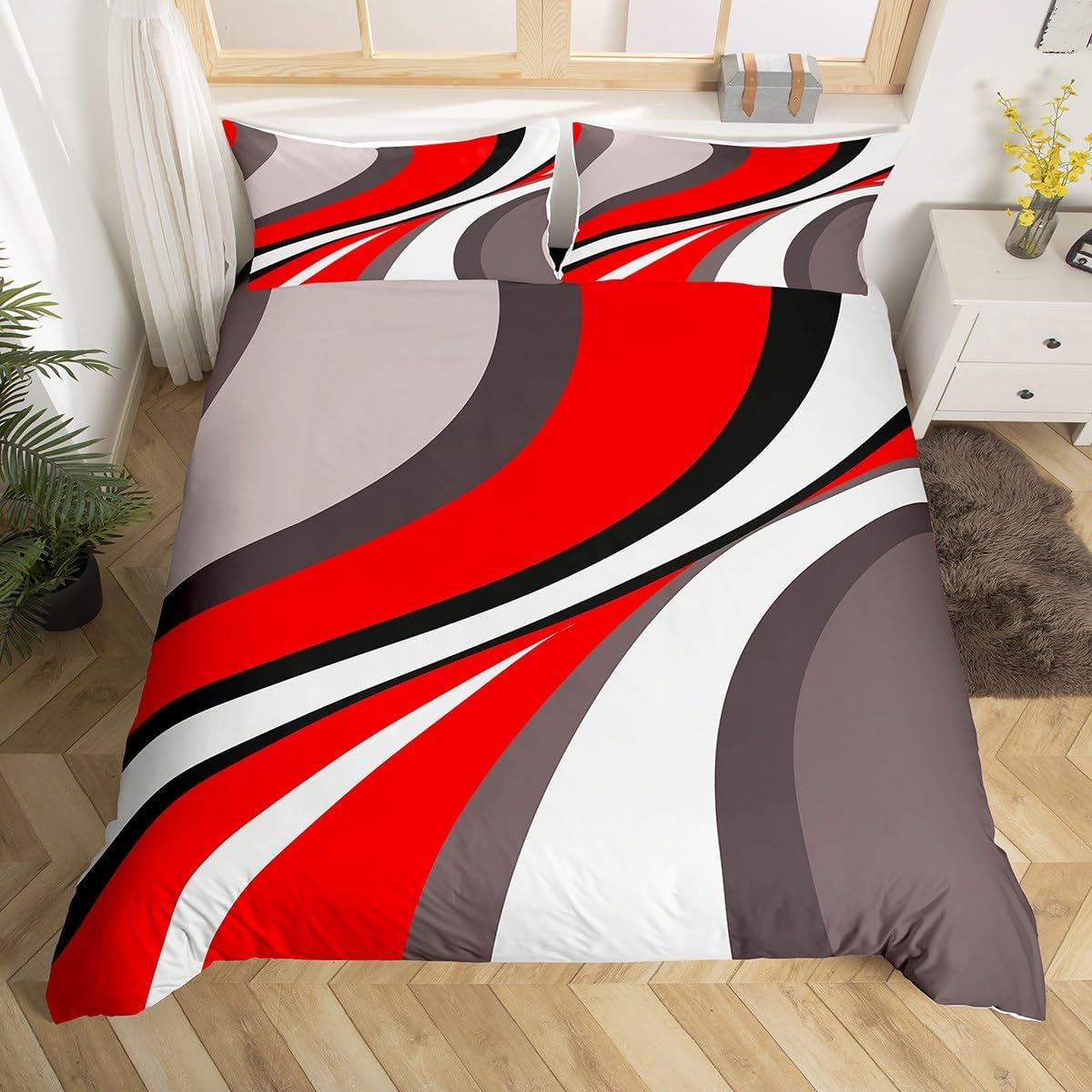 Erosebridal Geometric Bedding Set Twin Size, Girls Red White Grey Swirls Duvet Cover, Patchwork Comforter Cover, Modern Abstract Quilt Cover with 1 Pillow Case Zipper Bedroom Decor