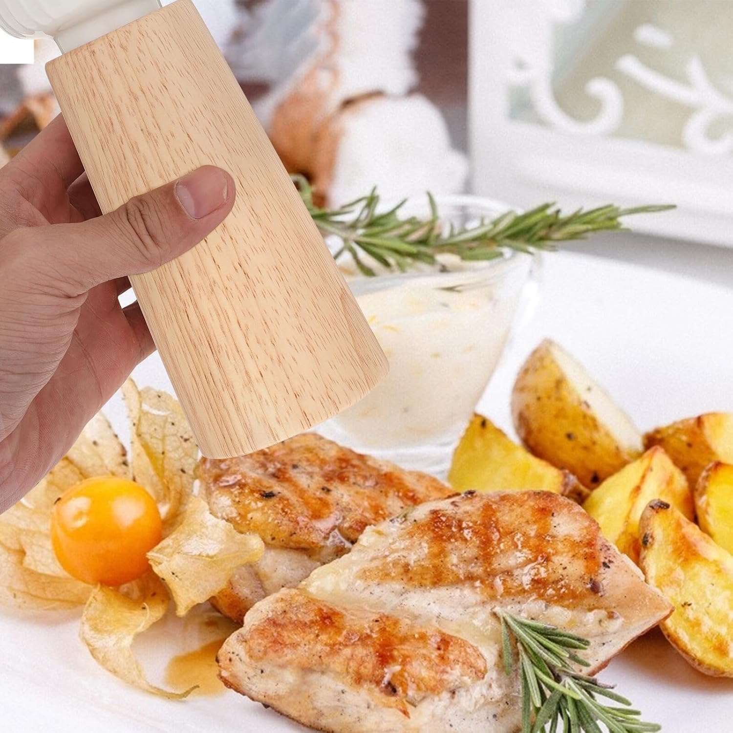VALICLUD Wooden Manual Pepper Grinder with Ceramic White Cap Handheld Seasoning Grinder for Kitchen Use Solid Texture Easy to Clean and Maintain