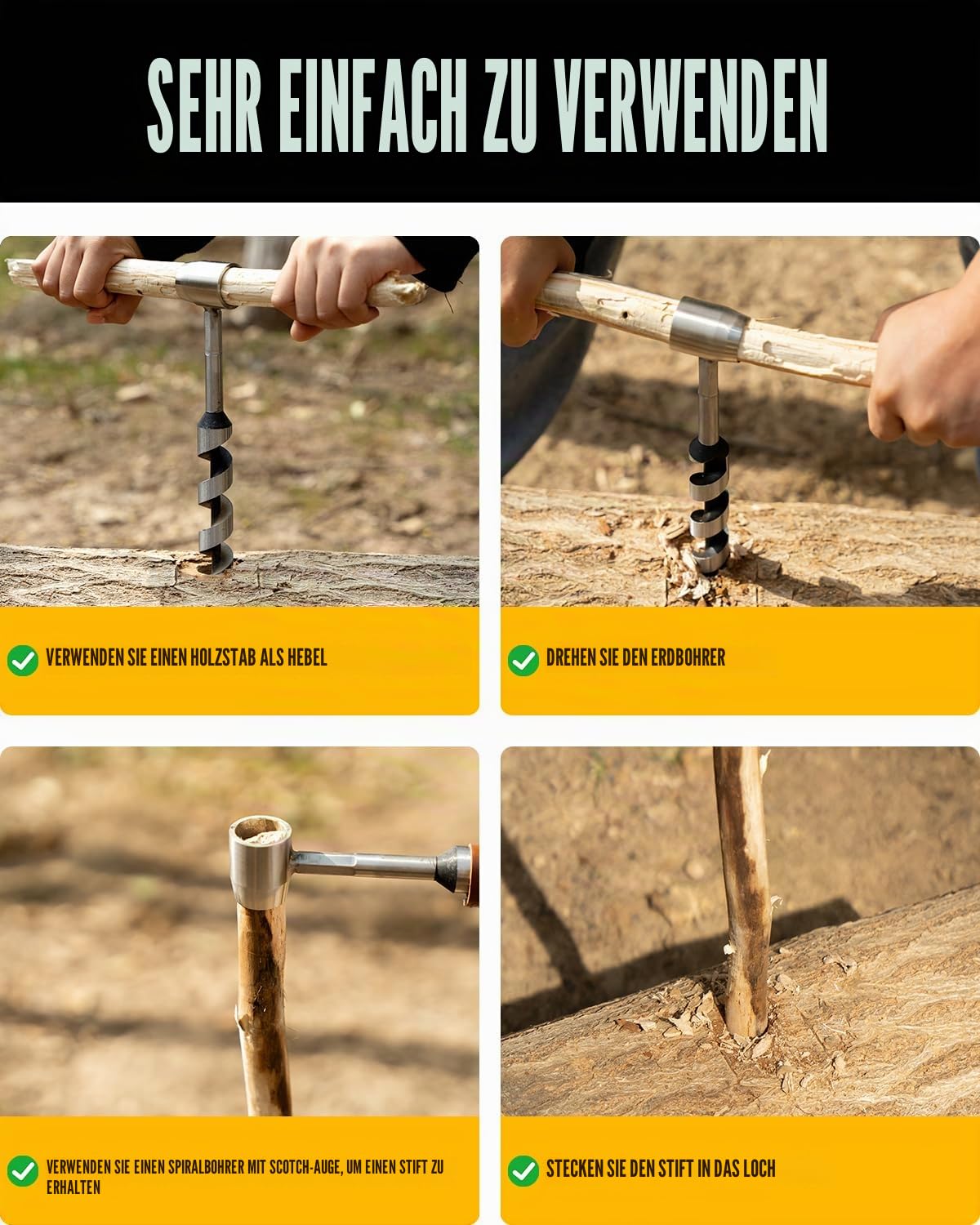 Upgrade Handbohrer Bushcraft,Outdoor Holzbohrer aus Hochwertigem Stahl mit PU Ledertasche,ideal für Bushcraft Ausrüstung, Survival und DIY
