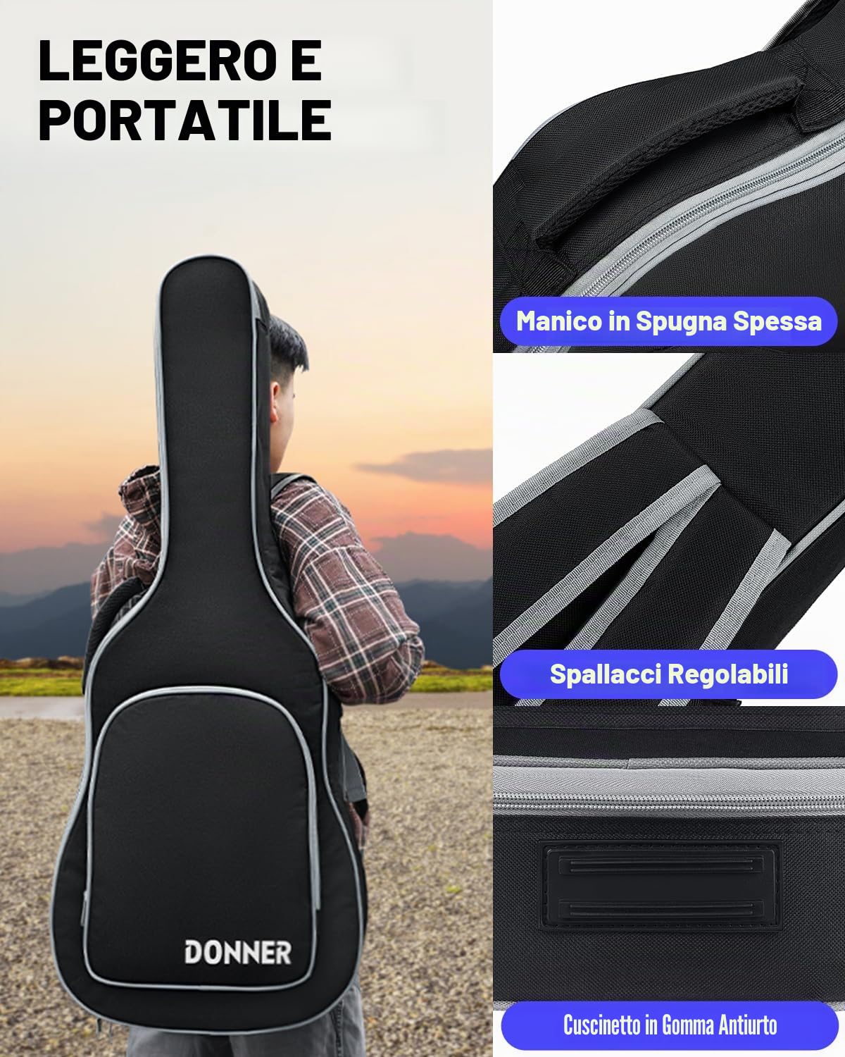 Donner Custodia Chitarra Elettrica 39", Borsa a Zaino 5 mm, Spallacci Regolabili, Interno Resistente all’Acqua con Tasca