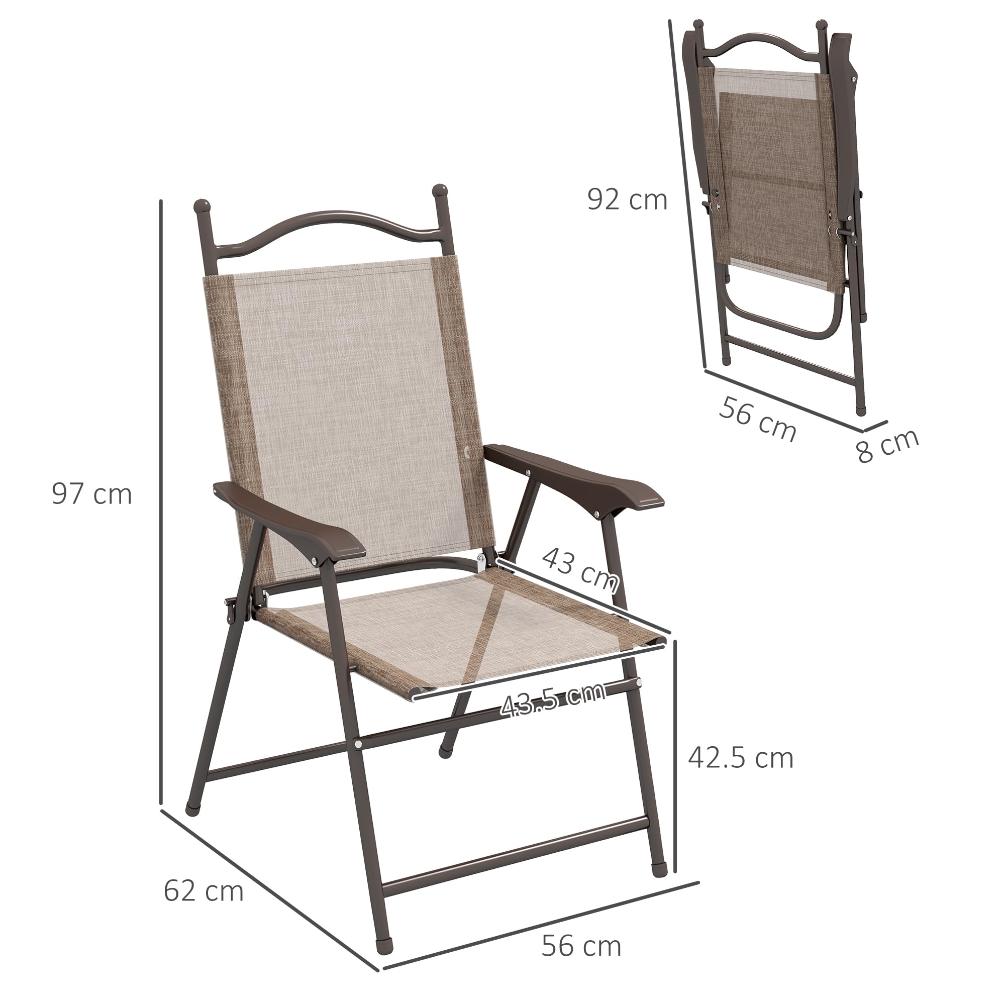 Outsunny Set di 2 Sedie da Giardino Pieghevoli, Sedie da Esterno con Braccioli e Seduta in Tessuto Traspirante, Marrone