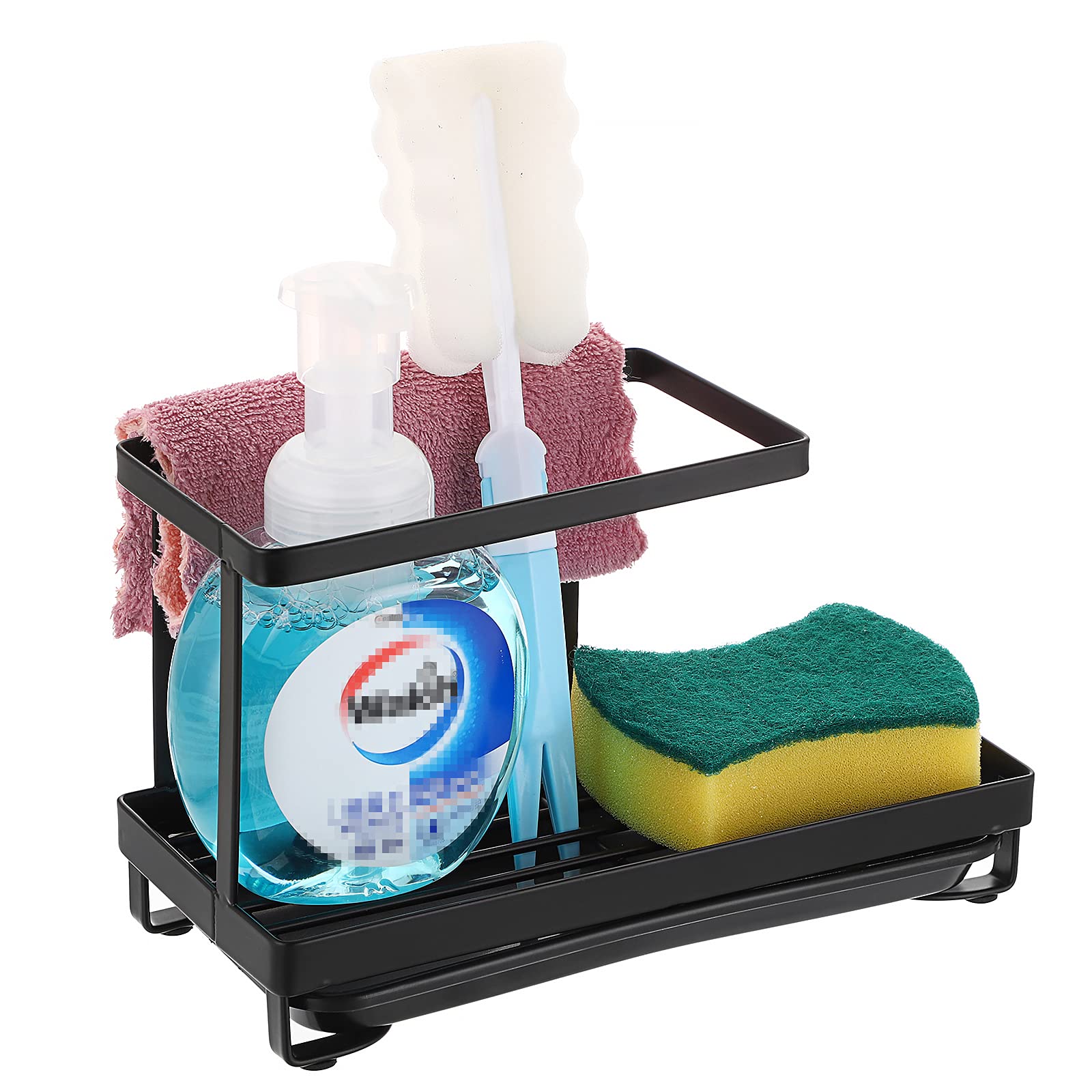 IGNPION Stainless Steel Sponge Rack Kitchen Sink Caddy Organizer Sponge Storage Caddy Brush Soap Drainer Rack Dishrag Dishcloth Holder Rack with Plastic Drain Tray, Black