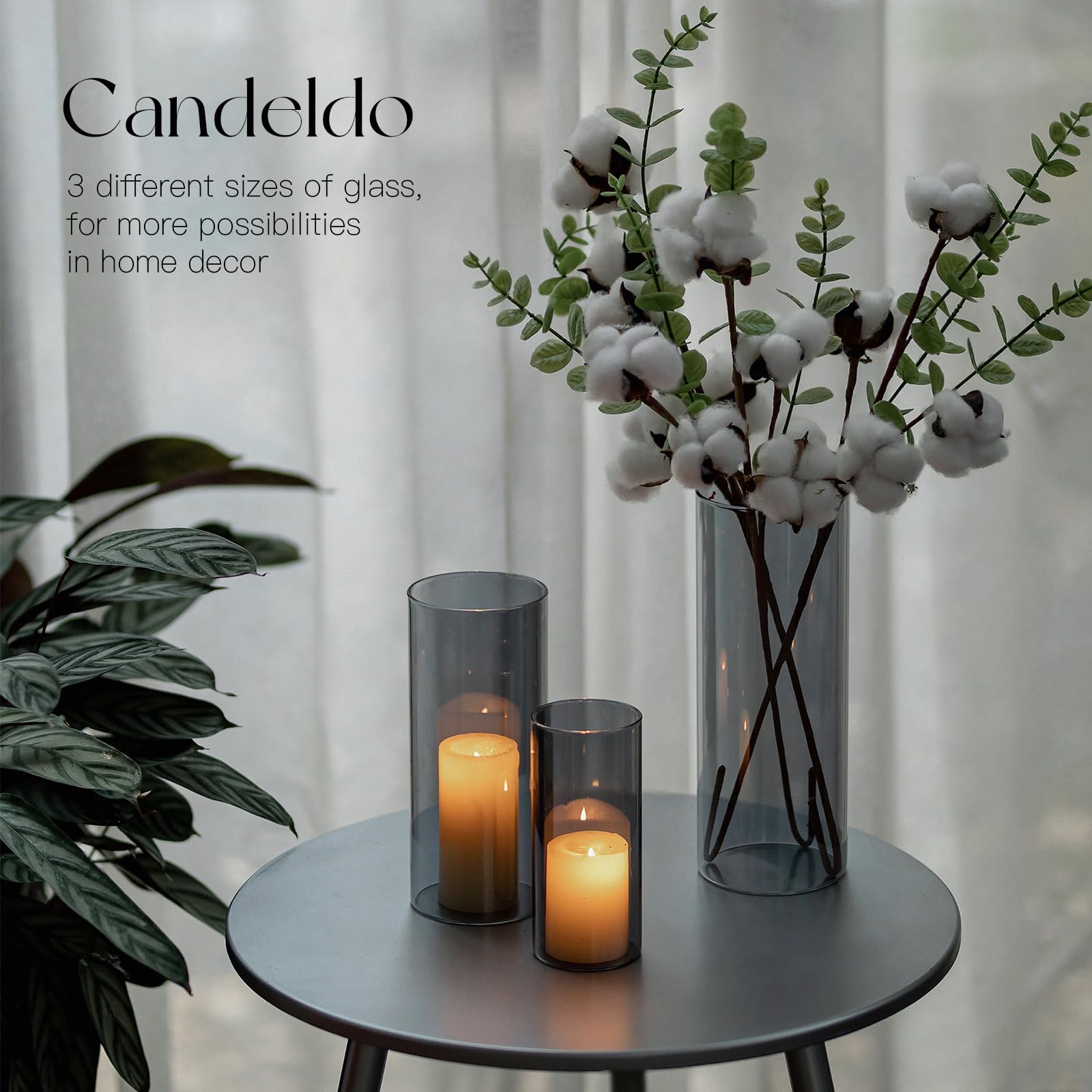 Candeldo Portavelas de cristal cilíndrico: juego de 3 unidades, negro, portavelas grande, decoración de mesa, salón, jardín, jarrón moderno, portavelas para exteriores
