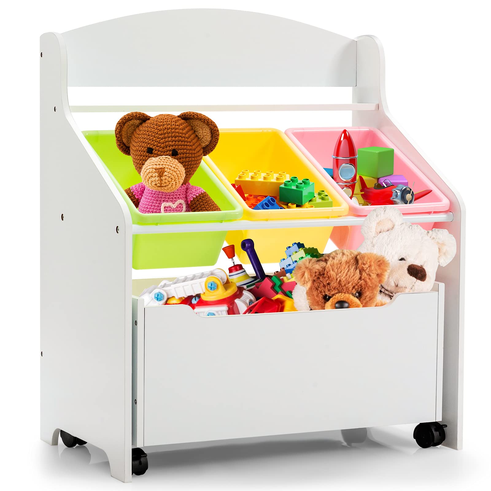 LIFEZEAL Estantería para Juguetes, Organizador de almacenamiento con 3 cubos de plástico, Caja con ruedas de juguetes infantil, armario para habitación del niño (blanco)
