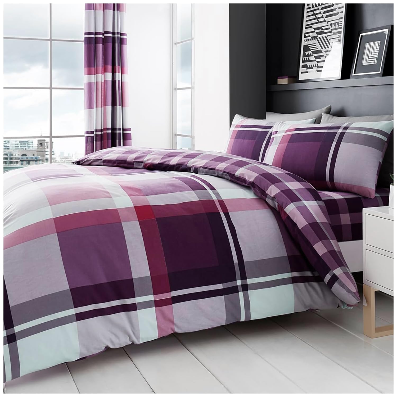 GC GAVENO CAVAILIA Tartan Bedding Double Duvet Set | Breathable Hypoallergenic Reversible Checkered Plaid Bedding Double Bed Set | Purple