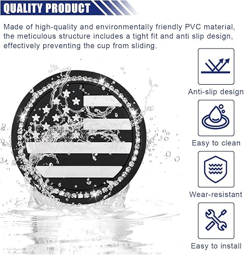 Miniatura 3 de 2 posavasos para automóvil, 2.74 pulgadas, diseño de bandera estadounidense, antideslizante, con diamantes de imitación de cristal, antiarañazos, a