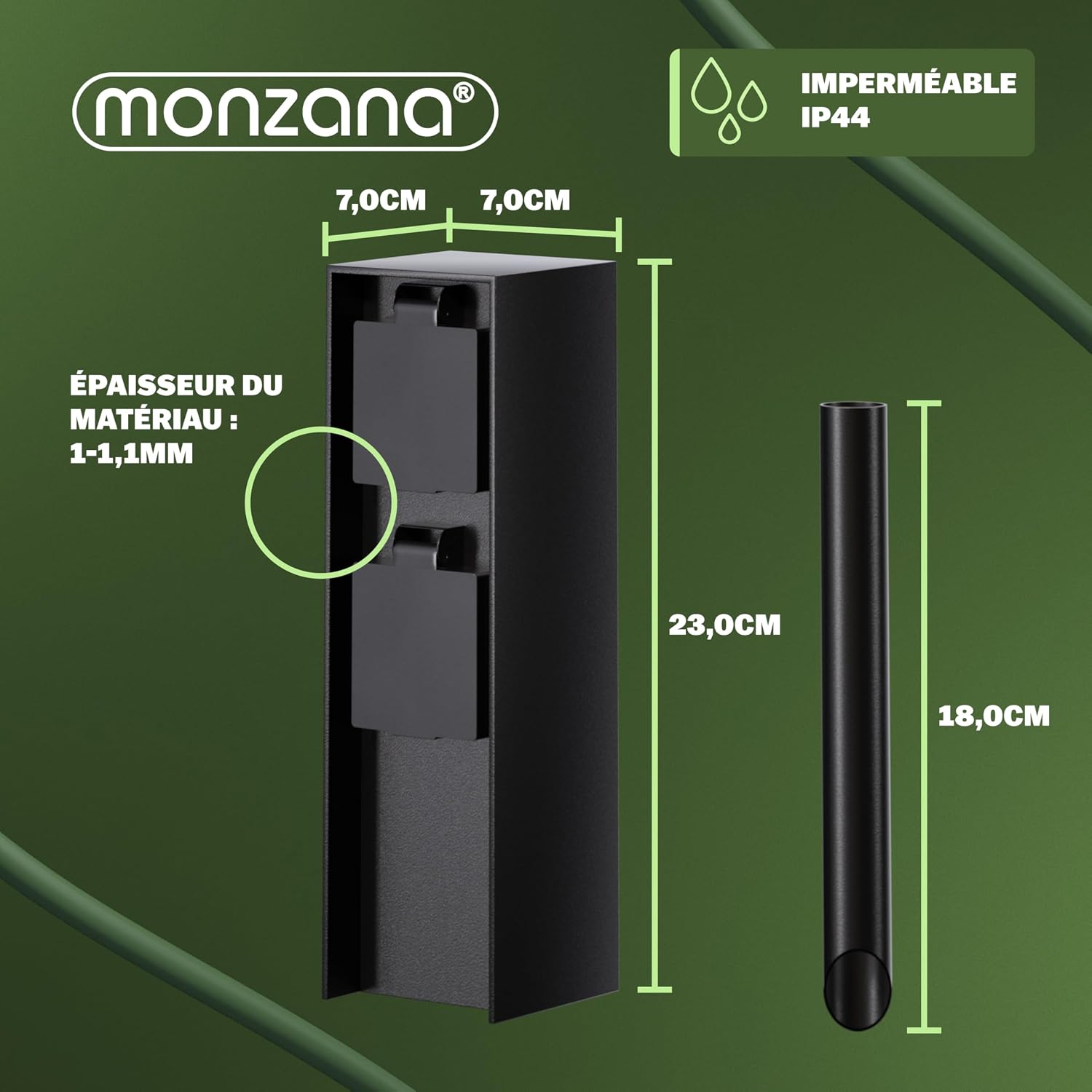 Technical drawing showing the dimensions of the Monzana garden socket, including height, width, and spike length.